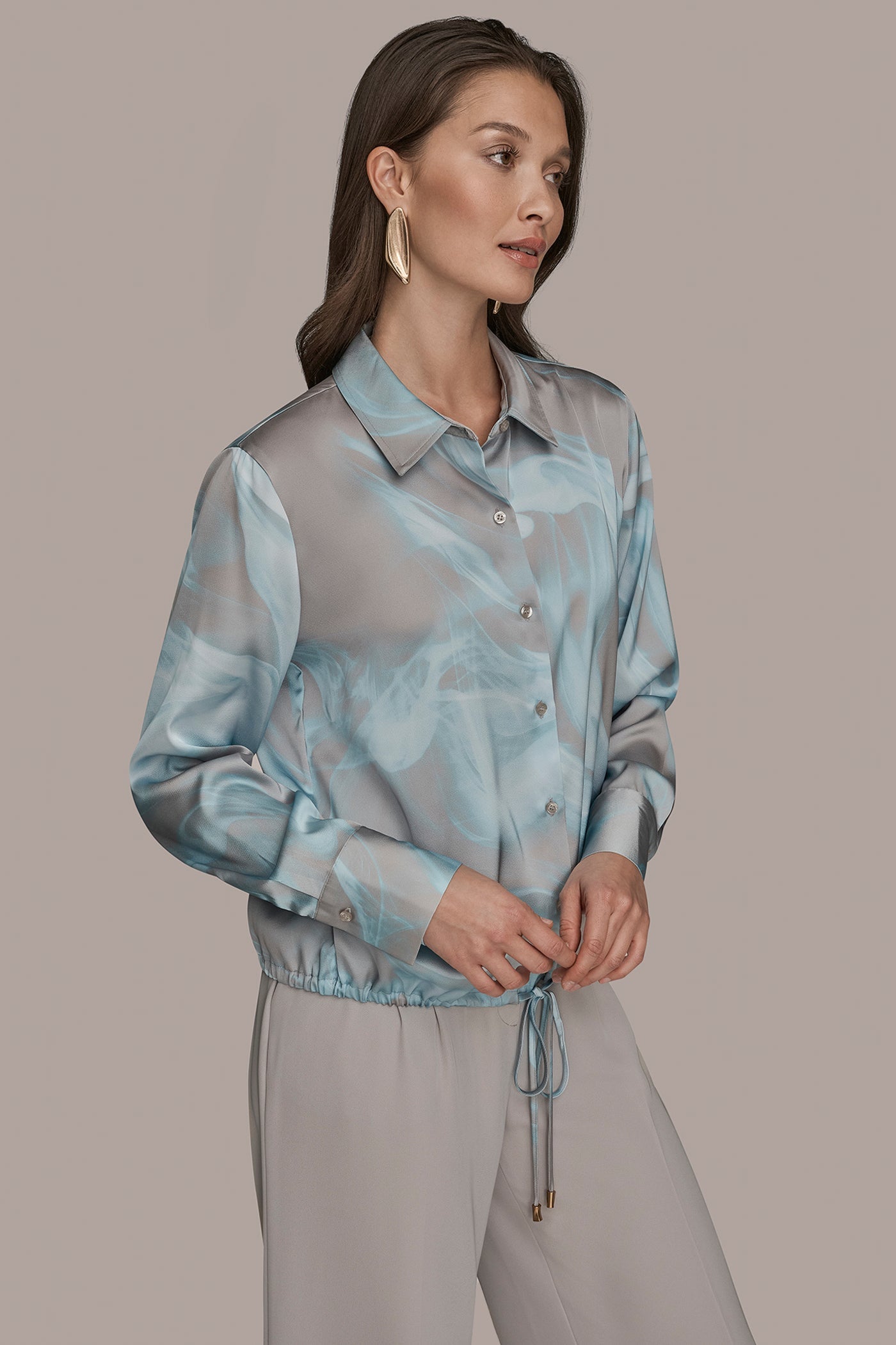 Misty Haze LONG-SLEEVE PRINTED DRAWSTRING BLOUSE Donna Karan