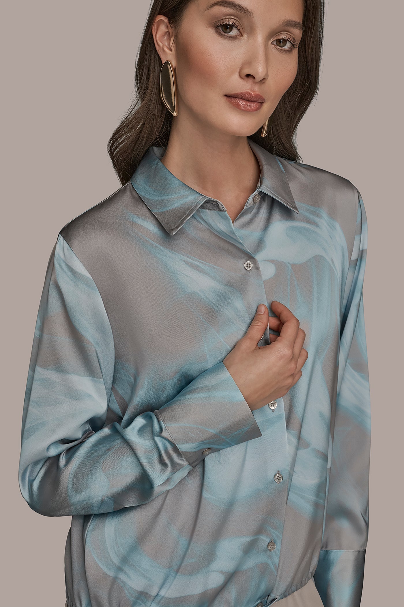 Misty Haze LONG-SLEEVE PRINTED DRAWSTRING BLOUSE Donna Karan