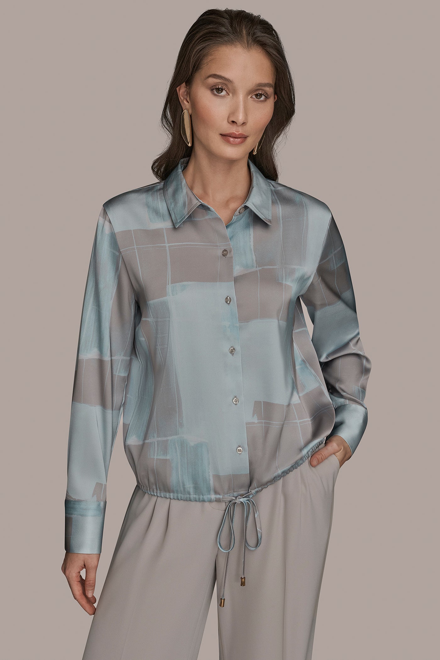 Mist Combo LONG-SLEEVE PRINTED DRAWSTRING BLOUSE Donna Karan