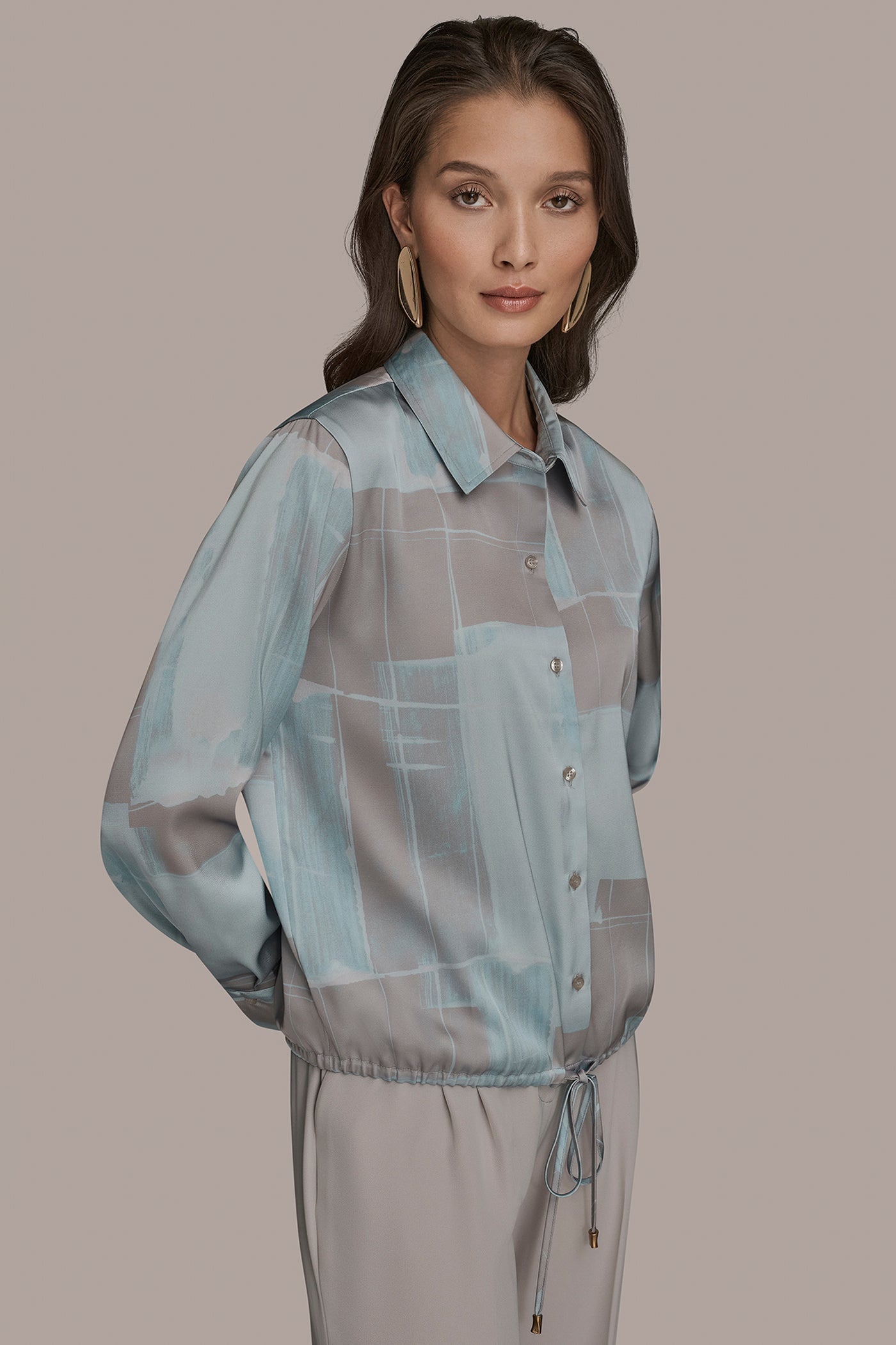 Mist Combo LONG-SLEEVE PRINTED DRAWSTRING BLOUSE Donna Karan
