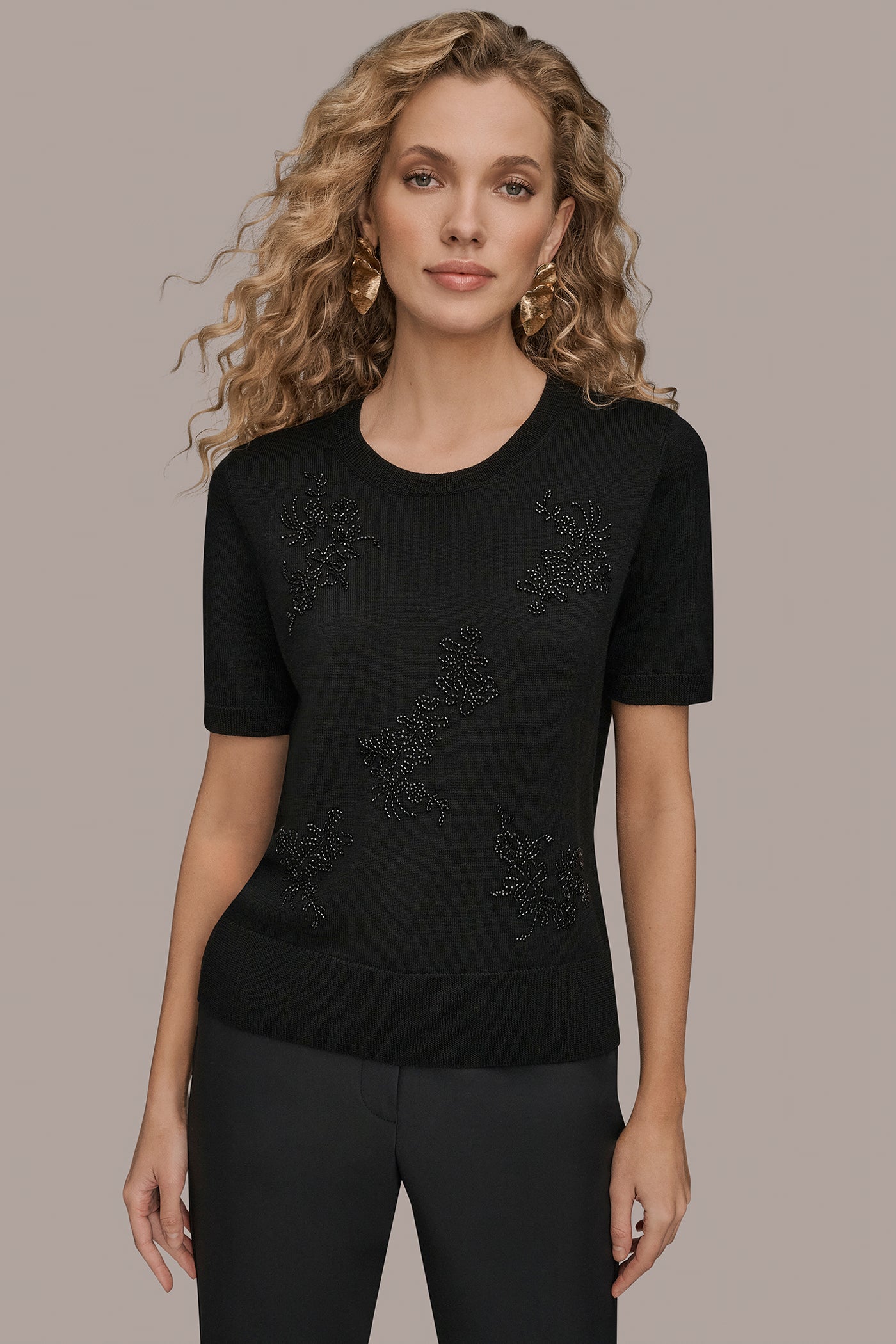 Black SHORT-SLEEVE FLORAL WOOL SWEATER Donna Karan