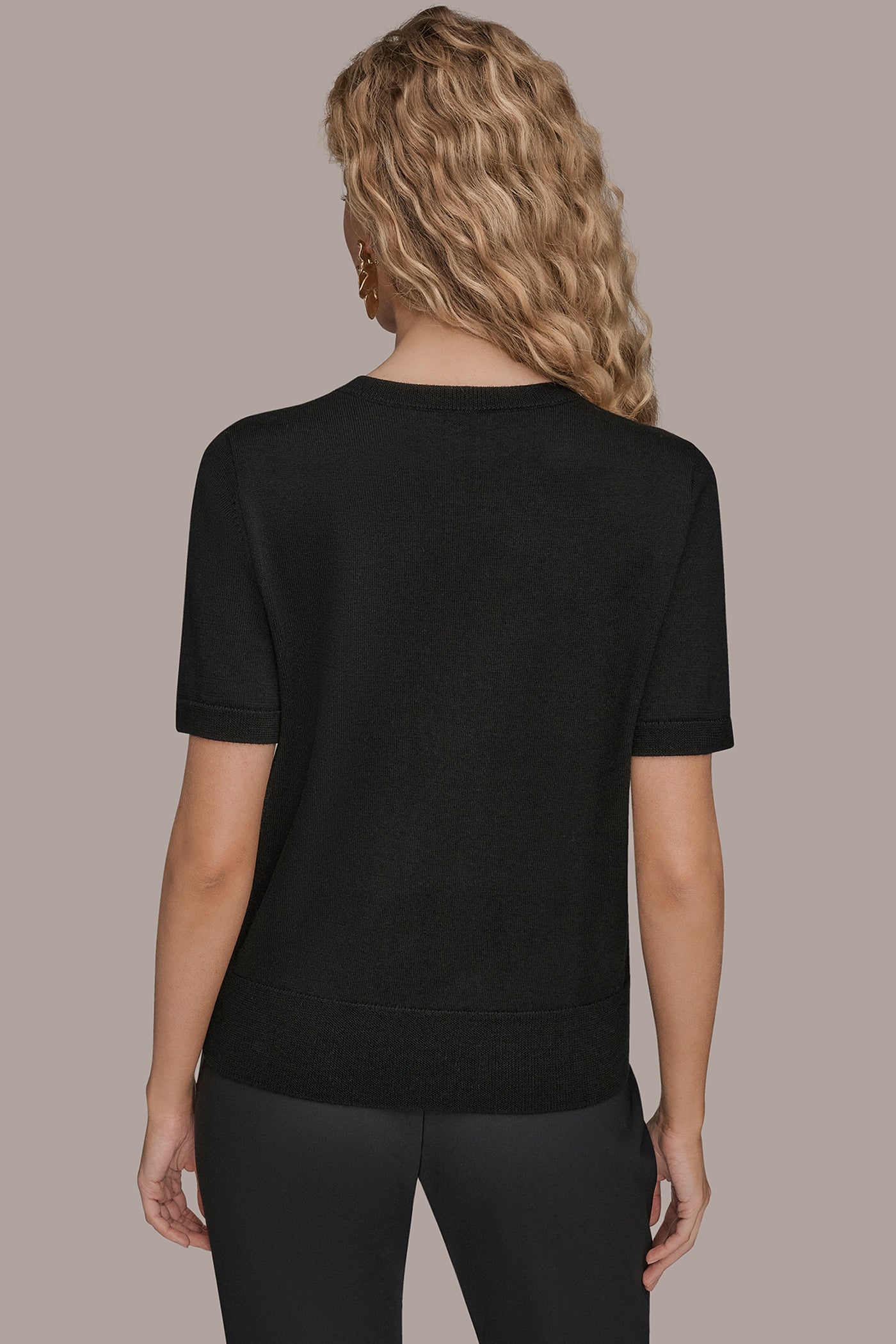 Black SHORT-SLEEVE FLORAL WOOL SWEATER Donna Karan
