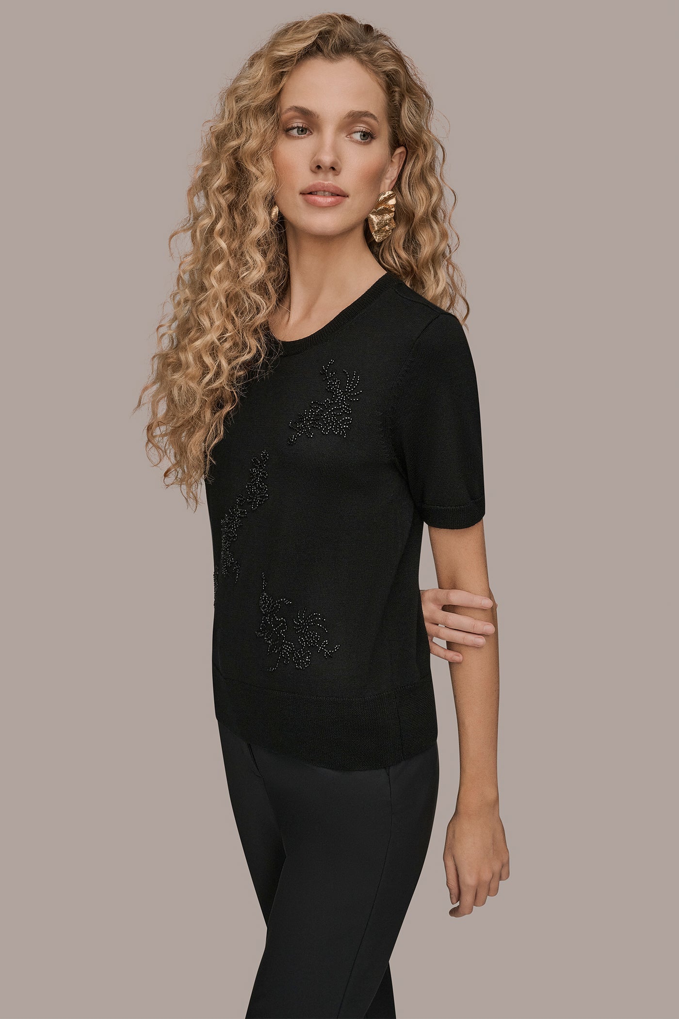 Black SHORT-SLEEVE FLORAL WOOL SWEATER Donna Karan