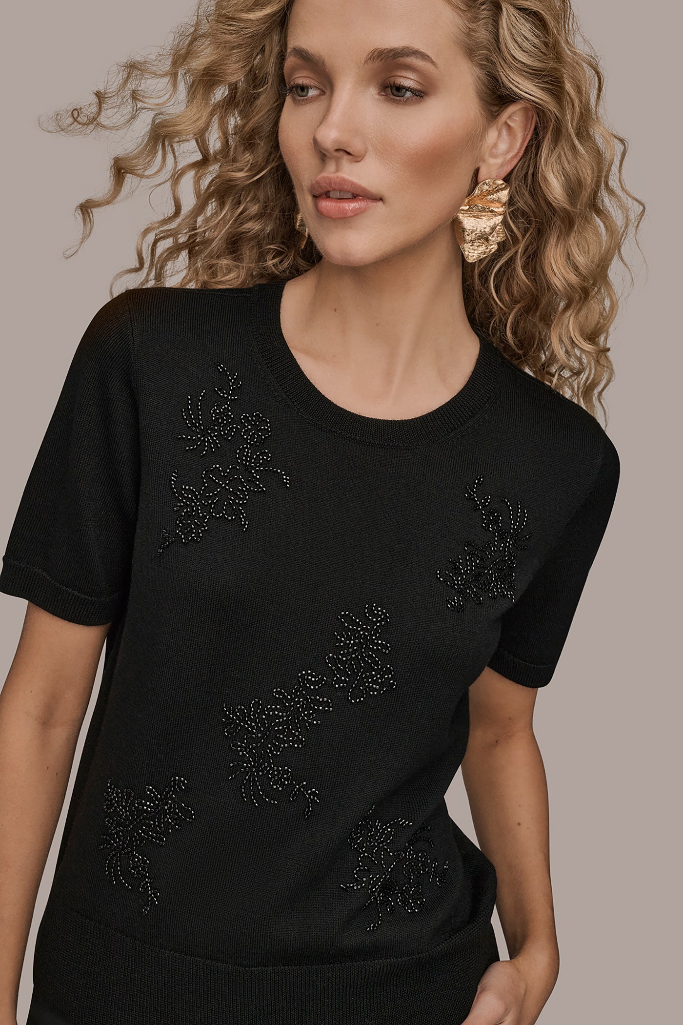 Black SHORT-SLEEVE FLORAL WOOL SWEATER Donna Karan