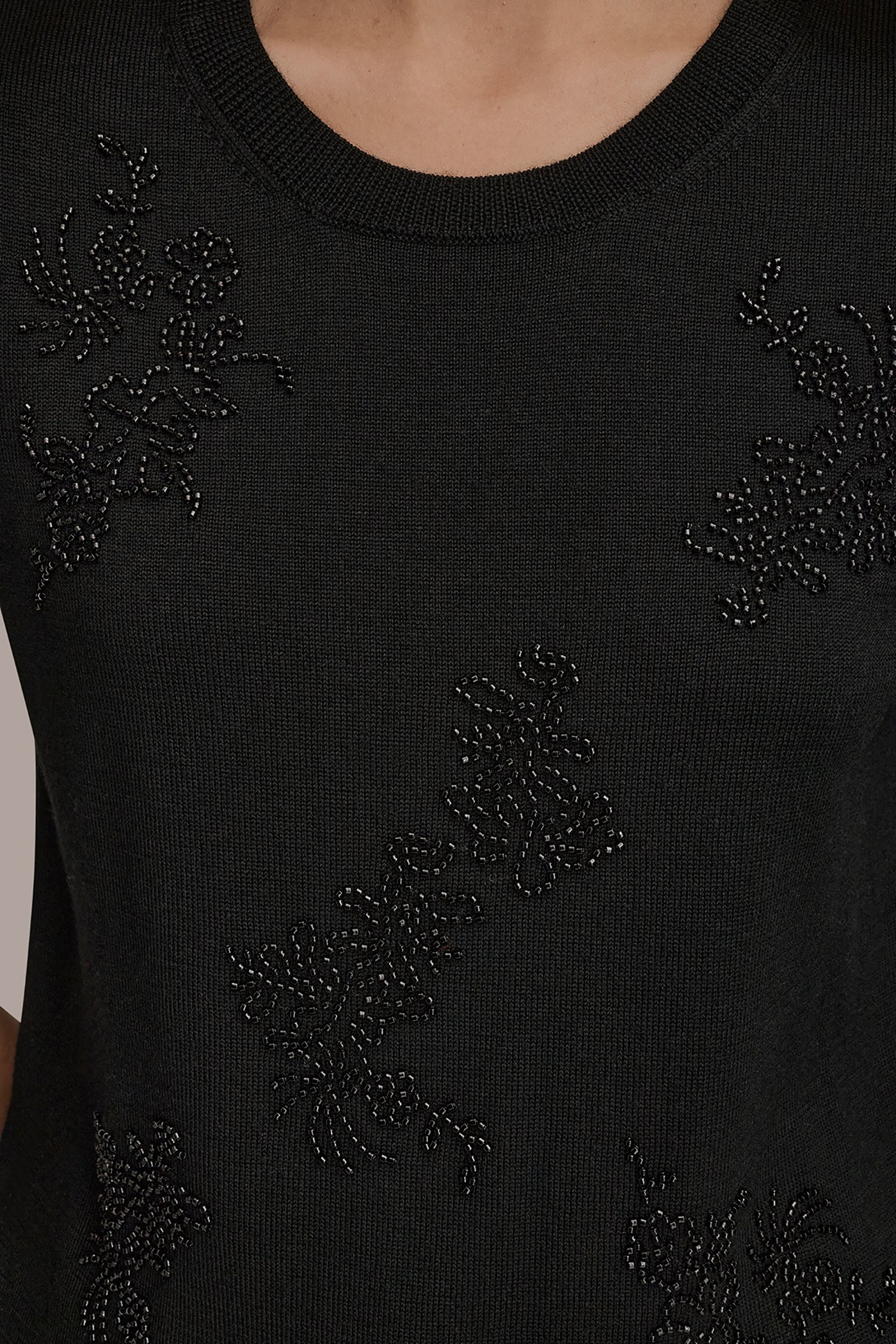 Black SHORT-SLEEVE FLORAL WOOL SWEATER Donna Karan