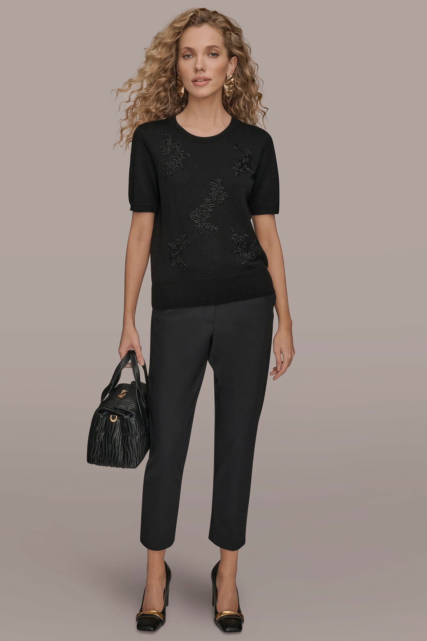 Black SHORT-SLEEVE FLORAL WOOL SWEATER Donna Karan