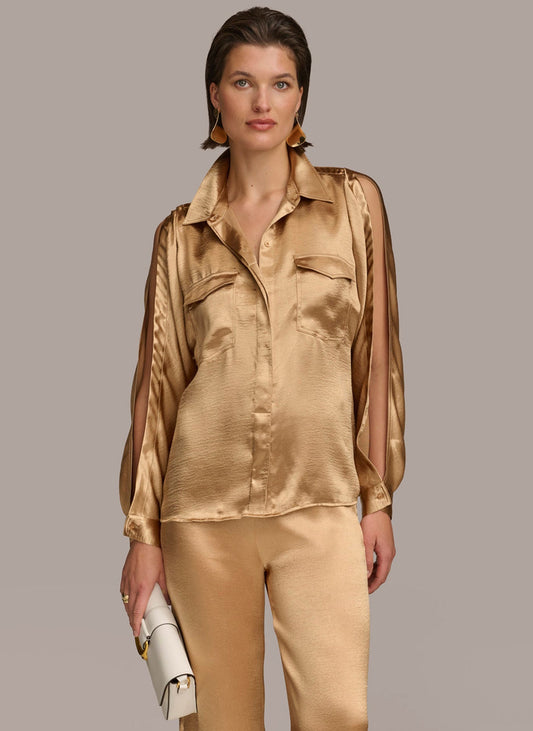 Fawn COLD SHOULDER COLLARED BUTTON DOWN Donna Karan