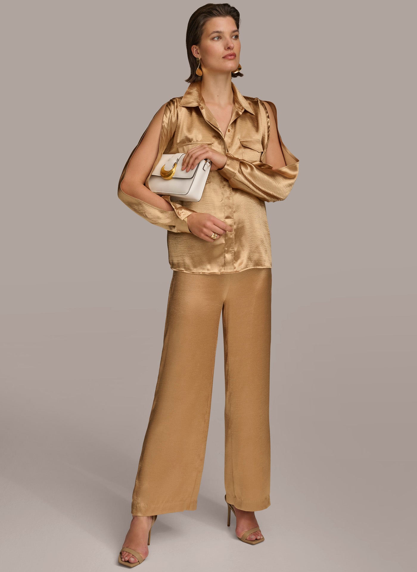 Fawn COLD SHOULDER COLLARED BUTTON DOWN Donna Karan