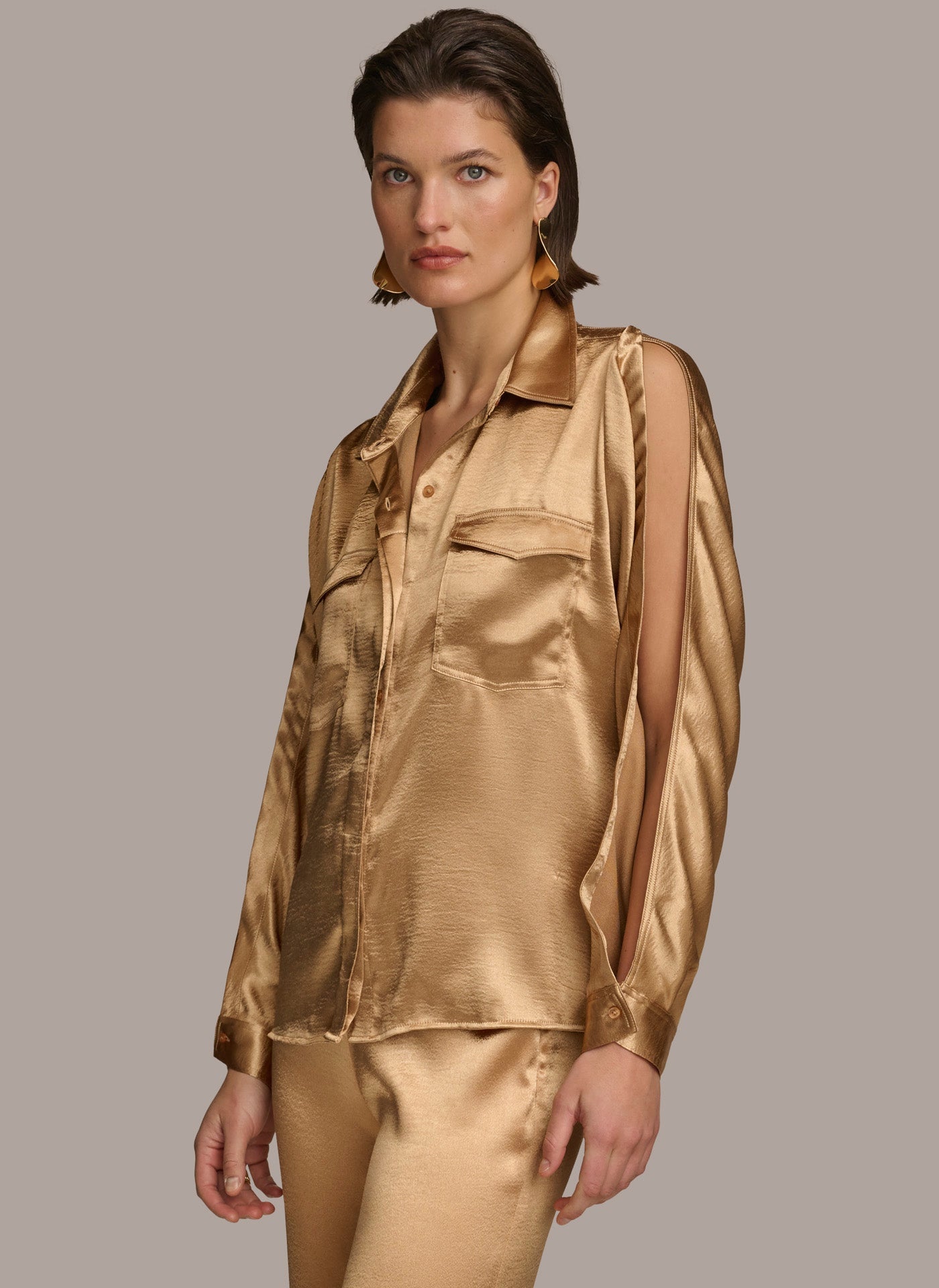 Fawn COLD SHOULDER COLLARED BUTTON DOWN Donna Karan