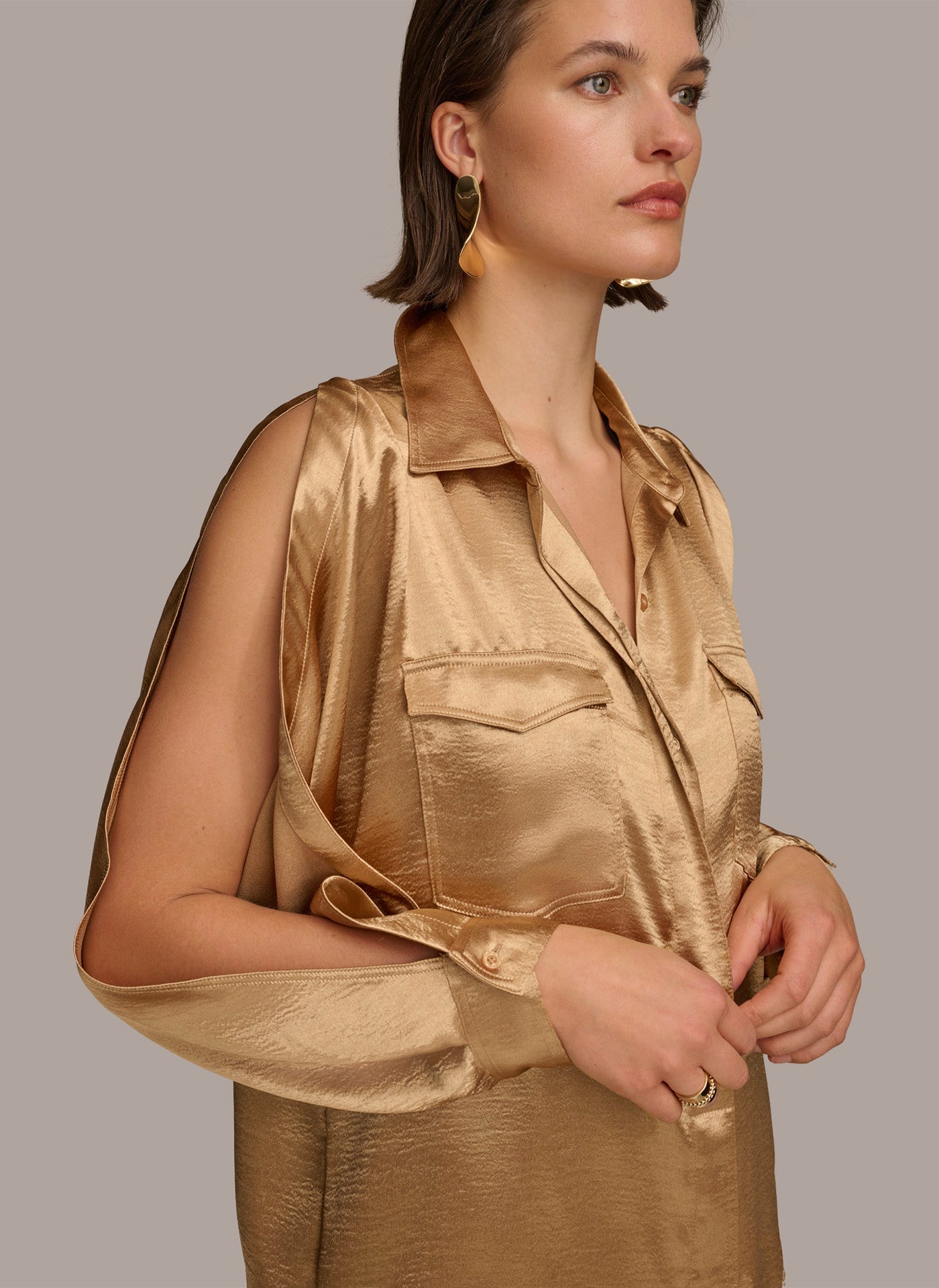 Fawn COLD SHOULDER COLLARED BUTTON DOWN Donna Karan