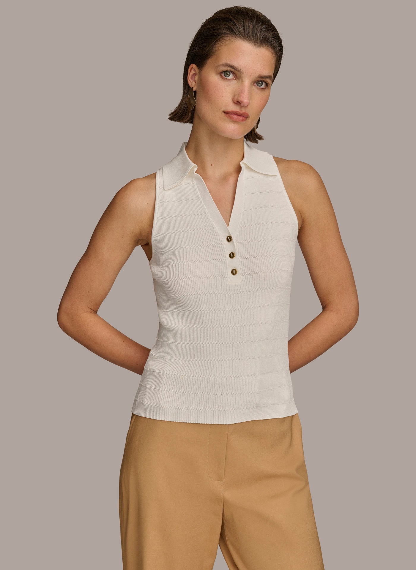 Cream TEXTURE SWEATER WITH GOLD BUTTONS Donna Karan