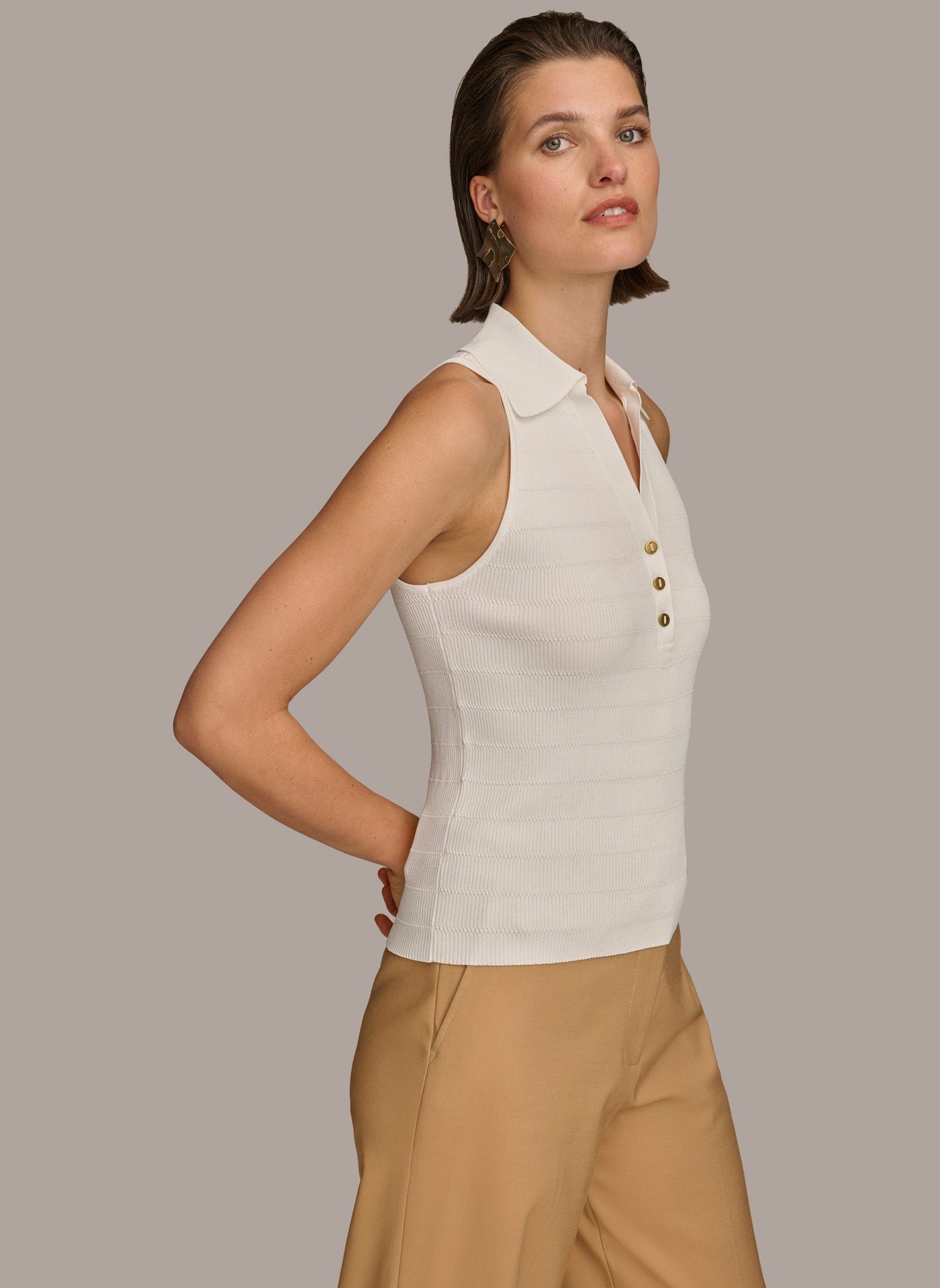 Cream TEXTURE SWEATER WITH GOLD BUTTONS Donna Karan