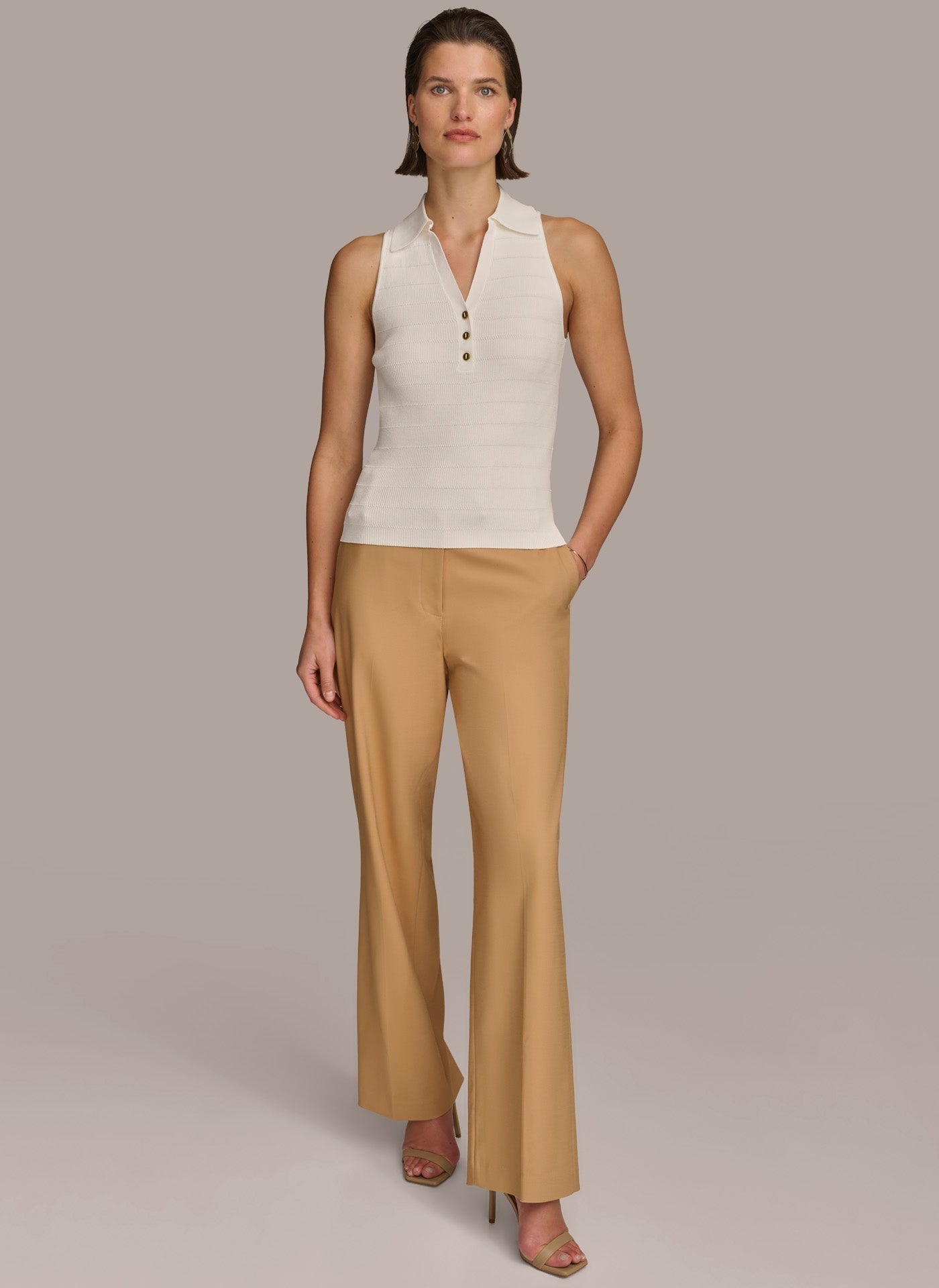 Cream TEXTURE SWEATER WITH GOLD BUTTONS Donna Karan
