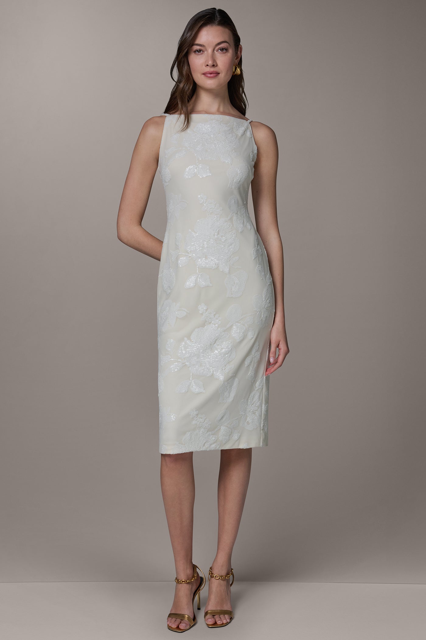 Cream FLORAL SEQUIN MIDI SHEATH DRESS Donna Karan