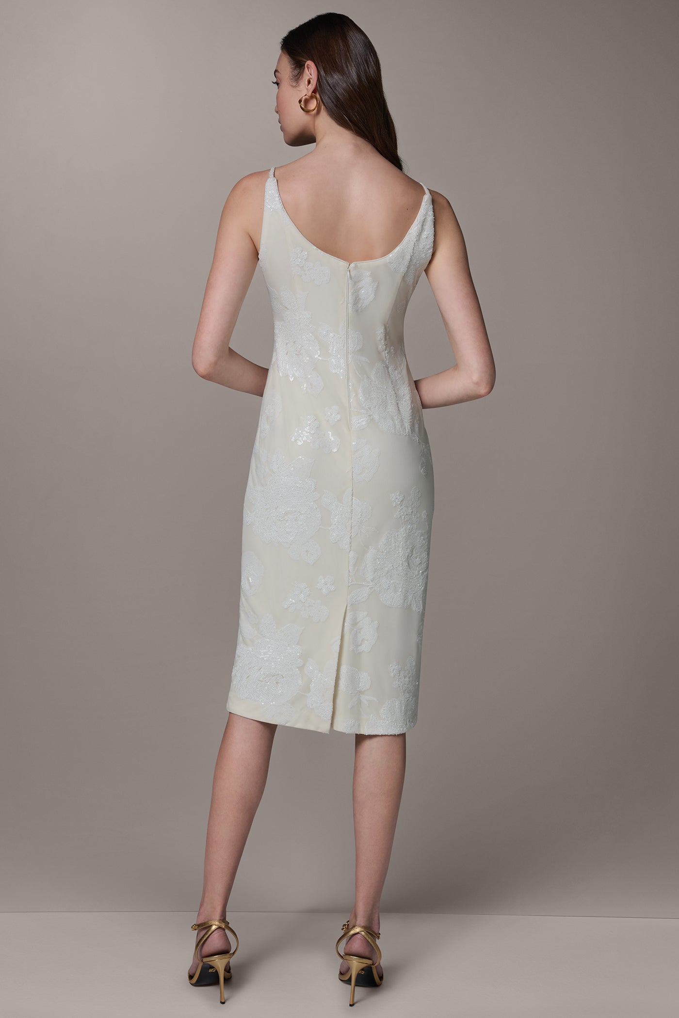 Cream FLORAL SEQUIN MIDI SHEATH DRESS Donna Karan