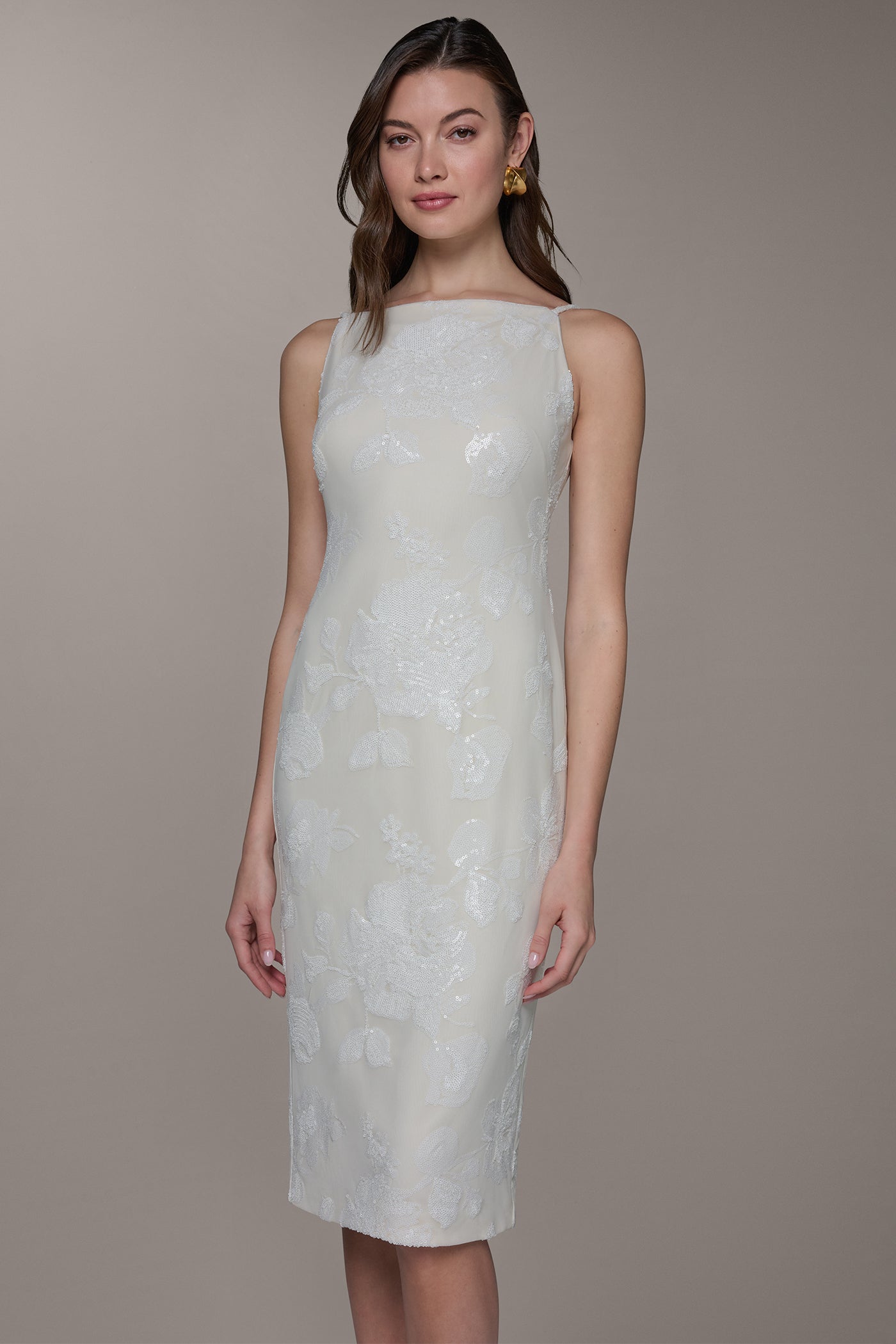 Cream FLORAL SEQUIN MIDI SHEATH DRESS Donna Karan