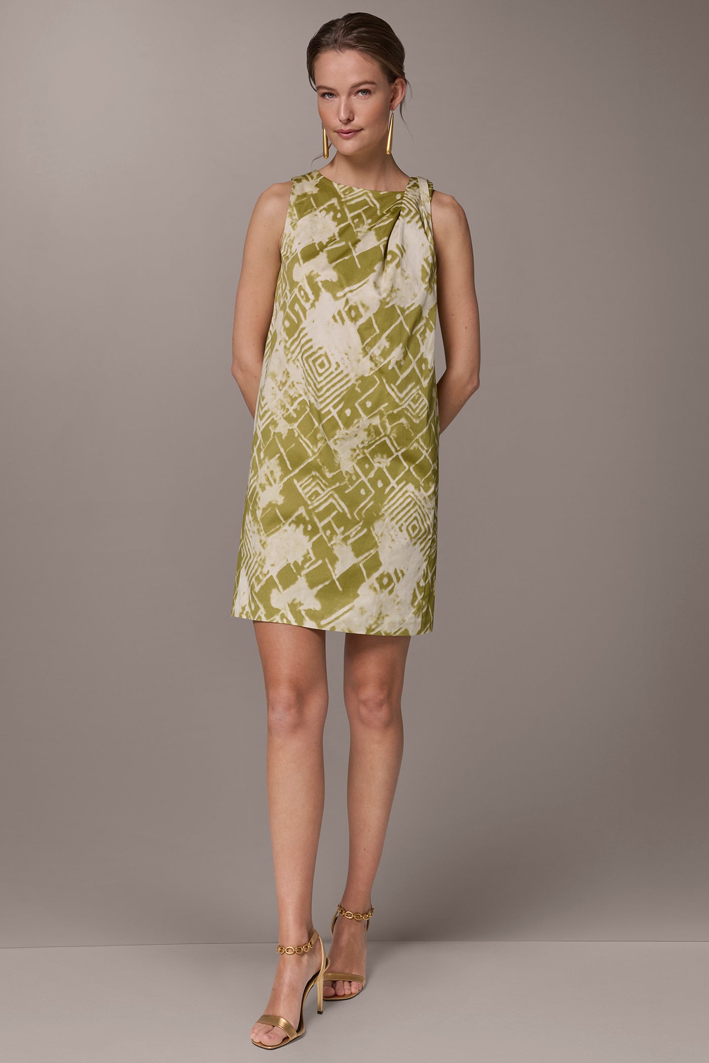 Kiwi Multi COTTON-SATEEN TWIST SHOULDER SHIFT DRESS Donna Karan