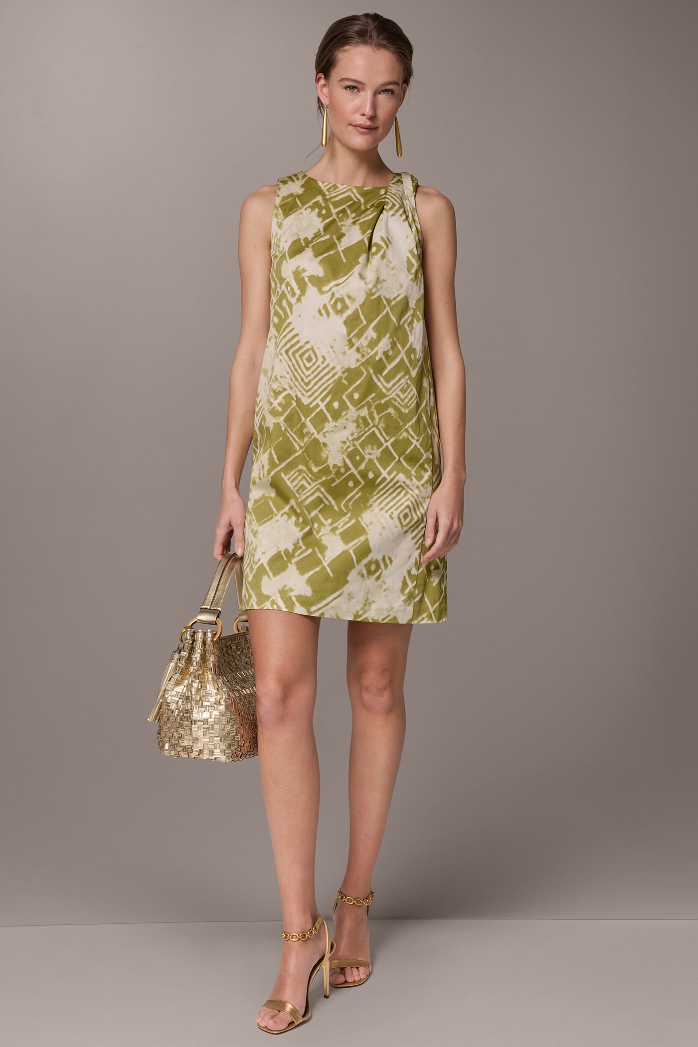 Kiwi Multi COTTON-SATEEN TWIST SHOULDER SHIFT DRESS Donna Karan