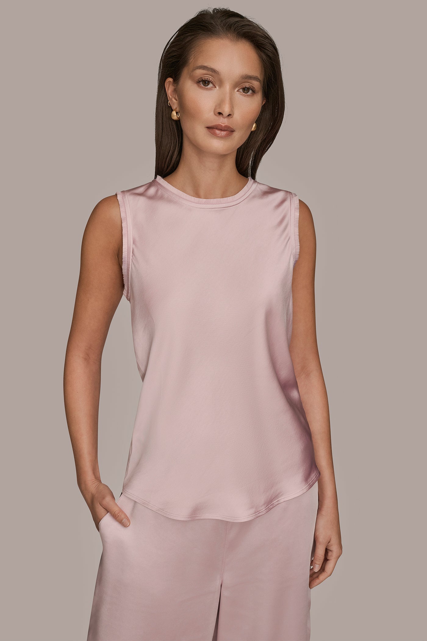 PINK WISTERIA SATIN FRINGE-TRIMMED SLEEVELESS BLOUSE Donna Karan