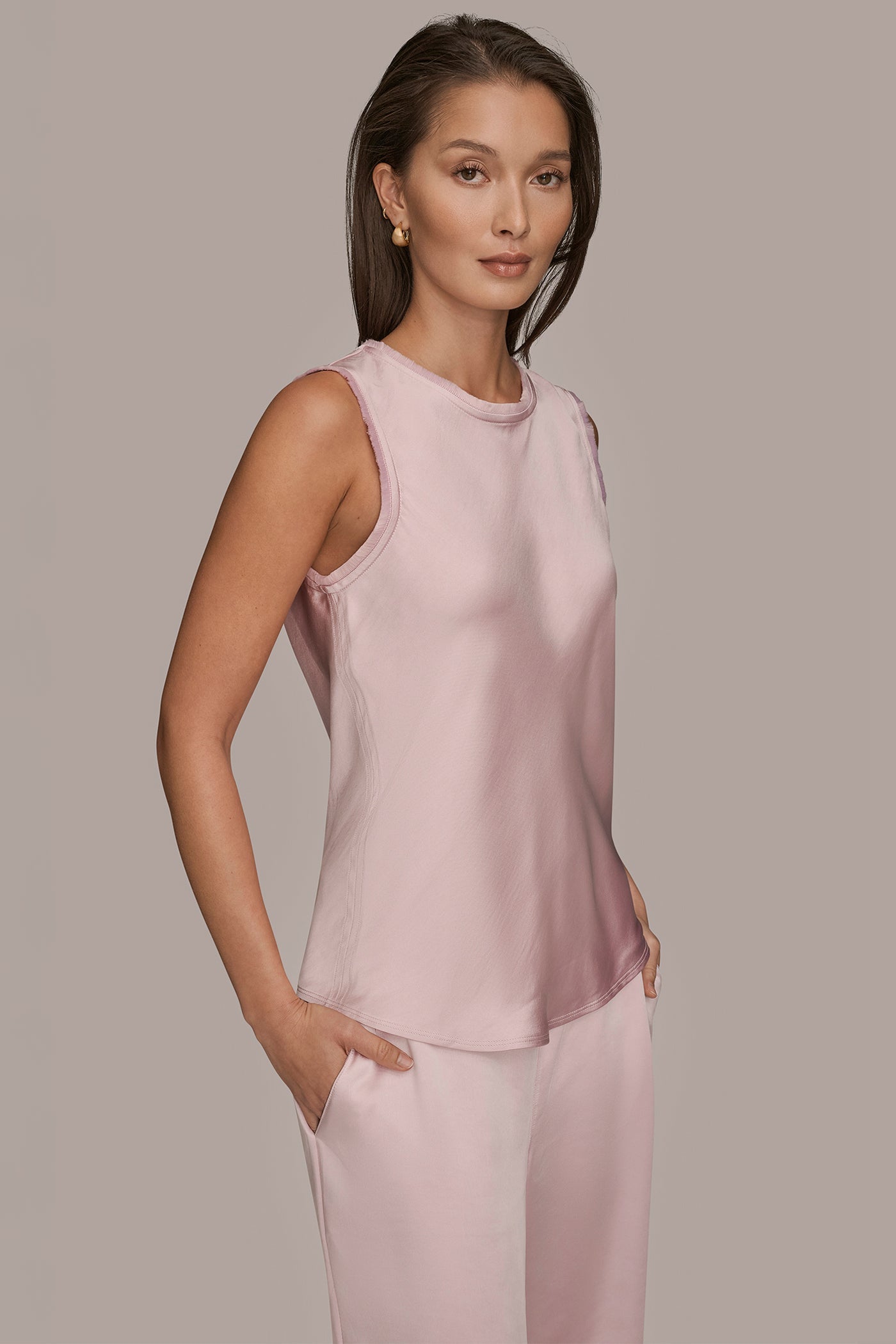 PINK WISTERIA SATIN FRINGE-TRIMMED SLEEVELESS BLOUSE Donna Karan
