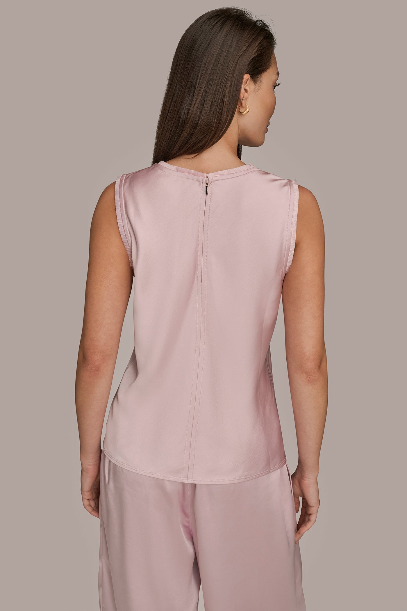 PINK WISTERIA SATIN FRINGE-TRIMMED SLEEVELESS BLOUSE Donna Karan