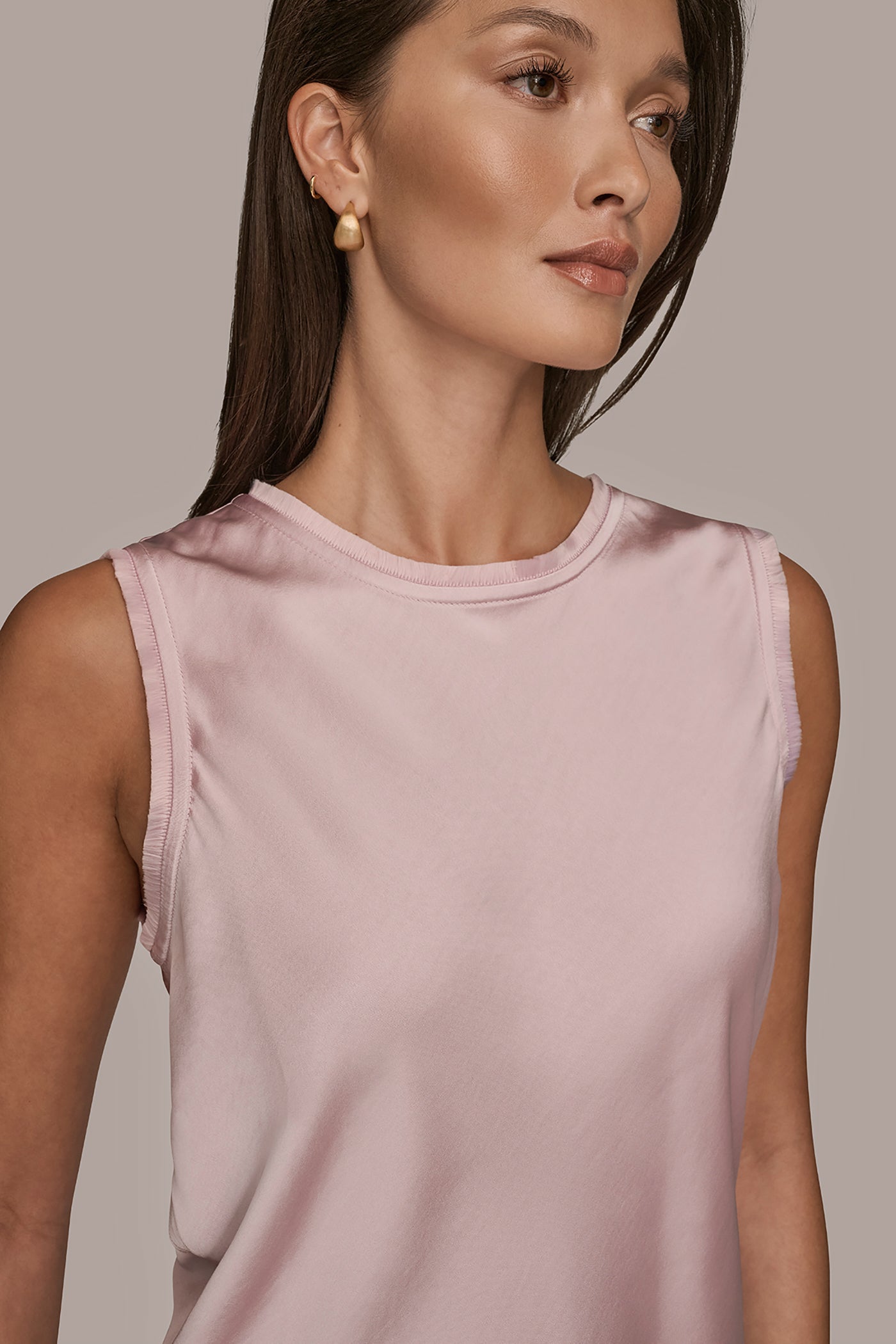 PINK WISTERIA SATIN FRINGE-TRIMMED SLEEVELESS BLOUSE Donna Karan