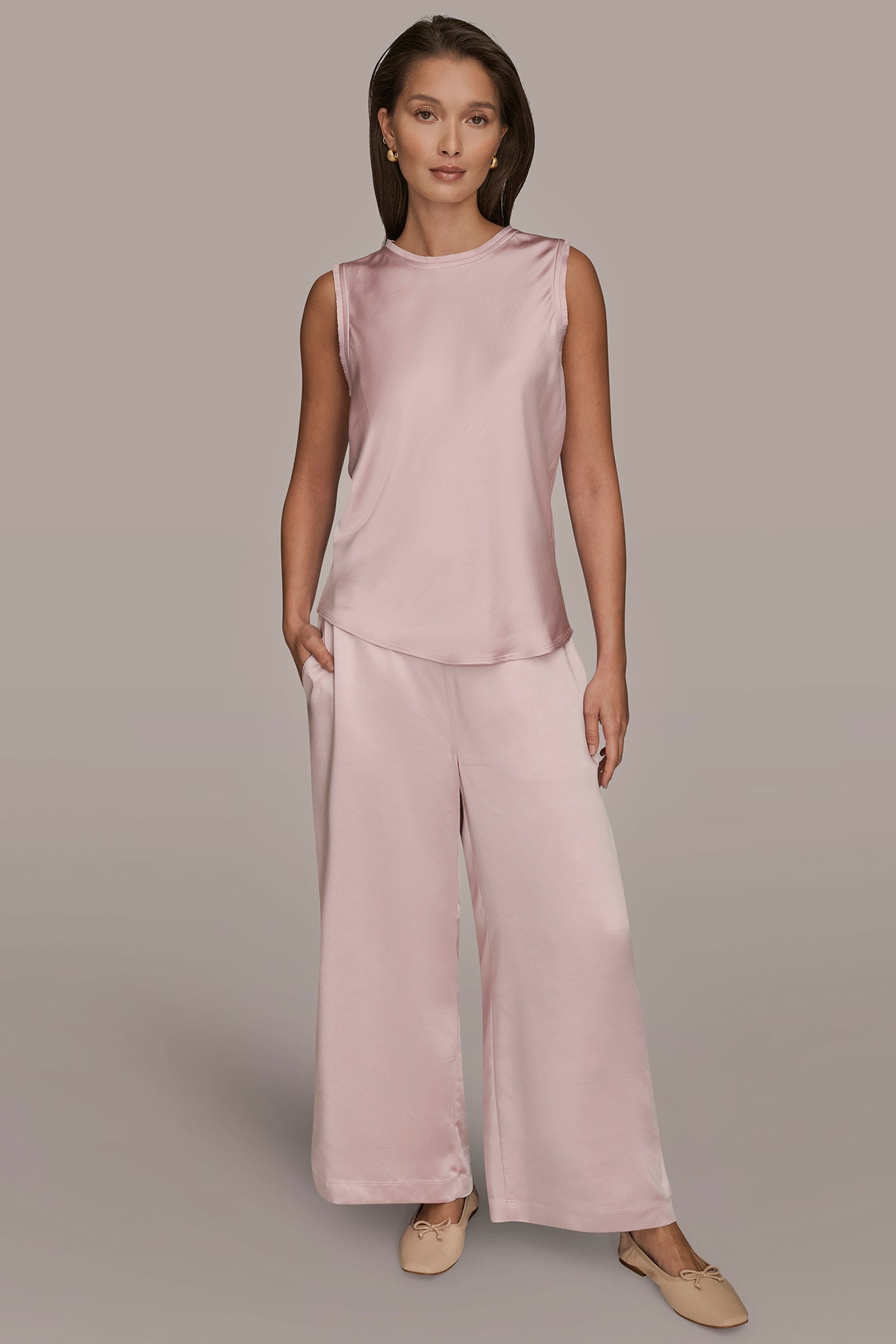 PINK WISTERIA SATIN FRINGE-TRIMMED SLEEVELESS BLOUSE Donna Karan