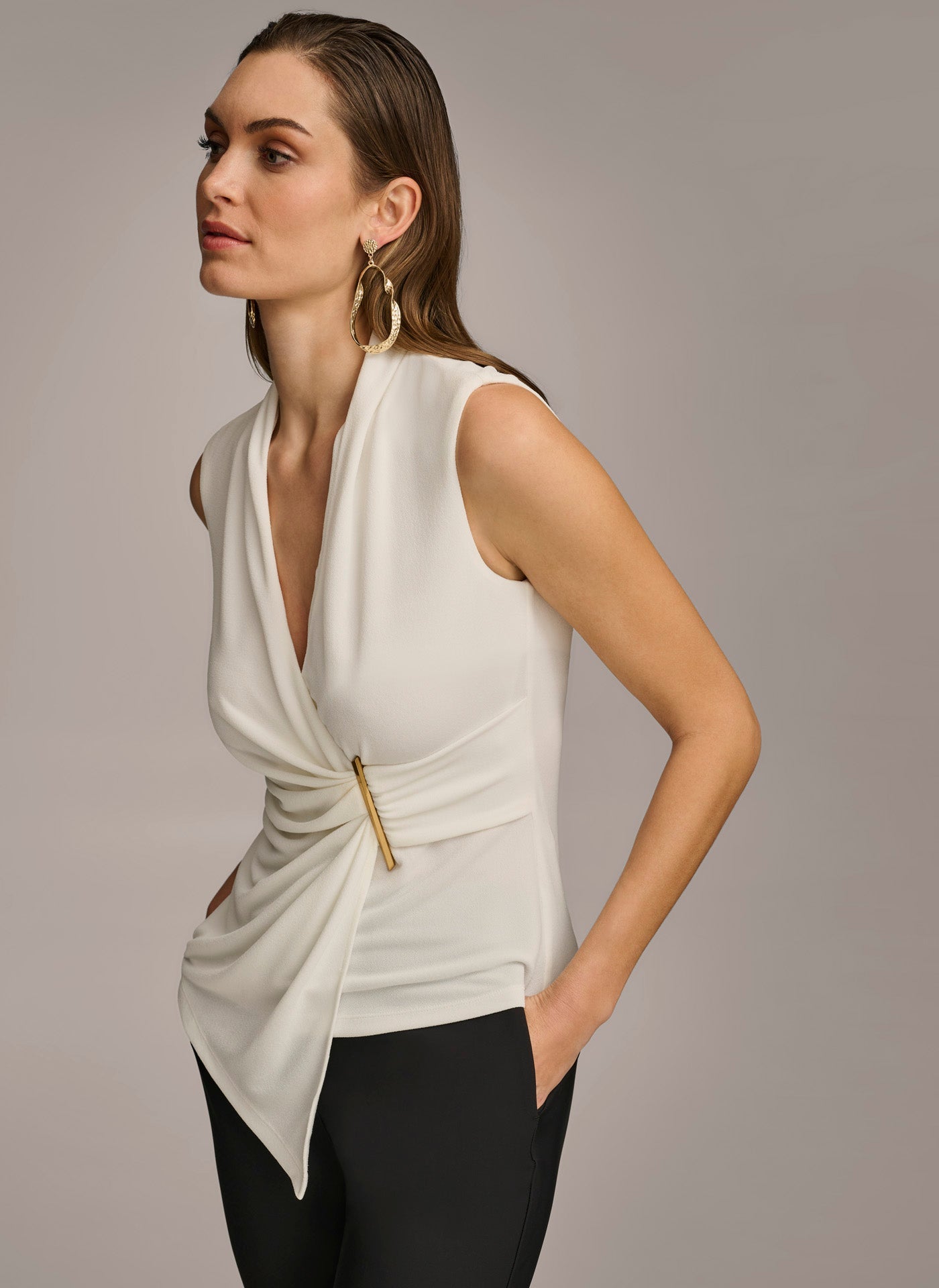 Cream V NECK WITH HARDWARE AND RUCHED DETAIL Donna Karan
