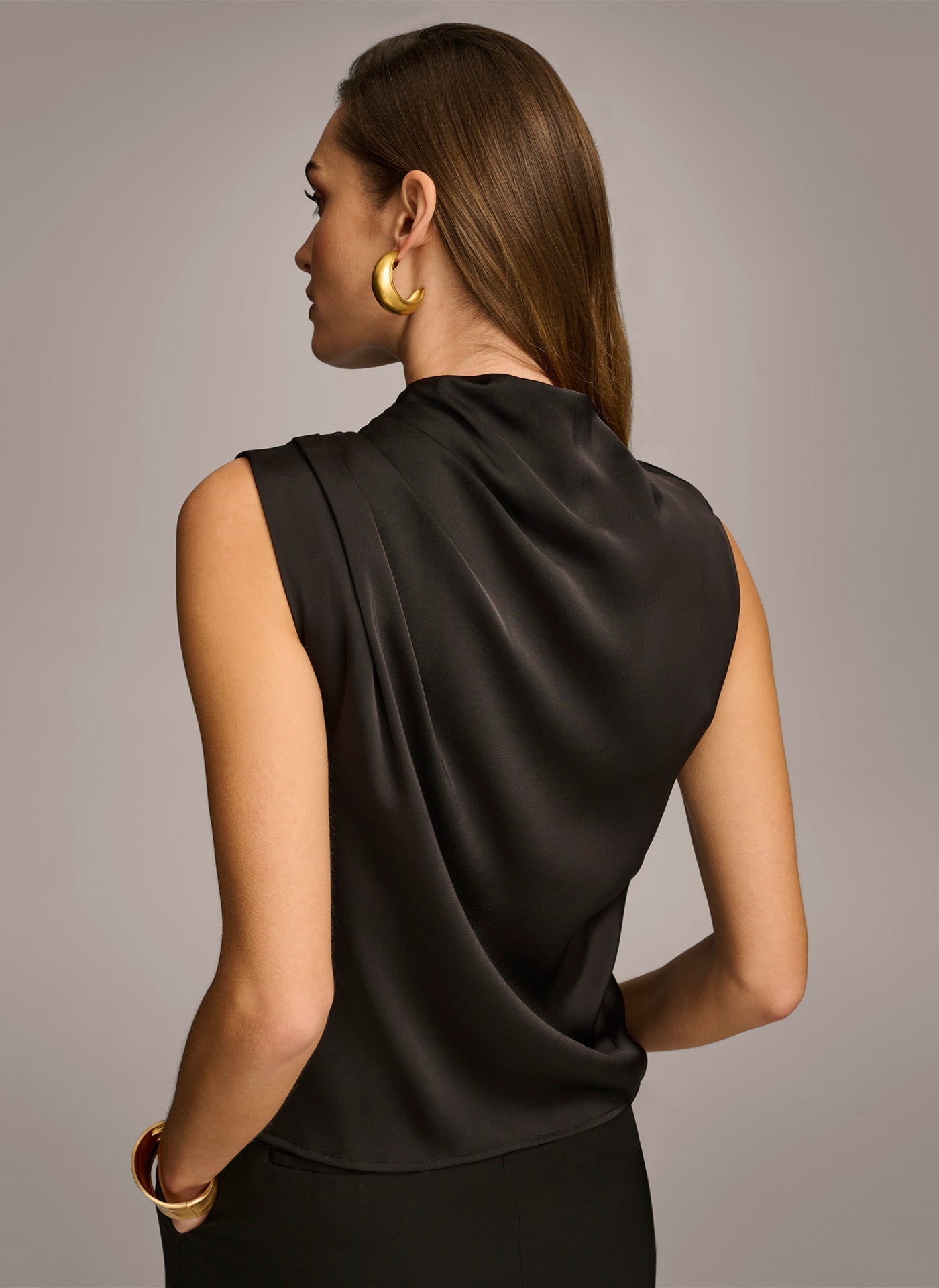 Black SLEEVELESS DRAPED MOCKNECK TOP Donna Karan