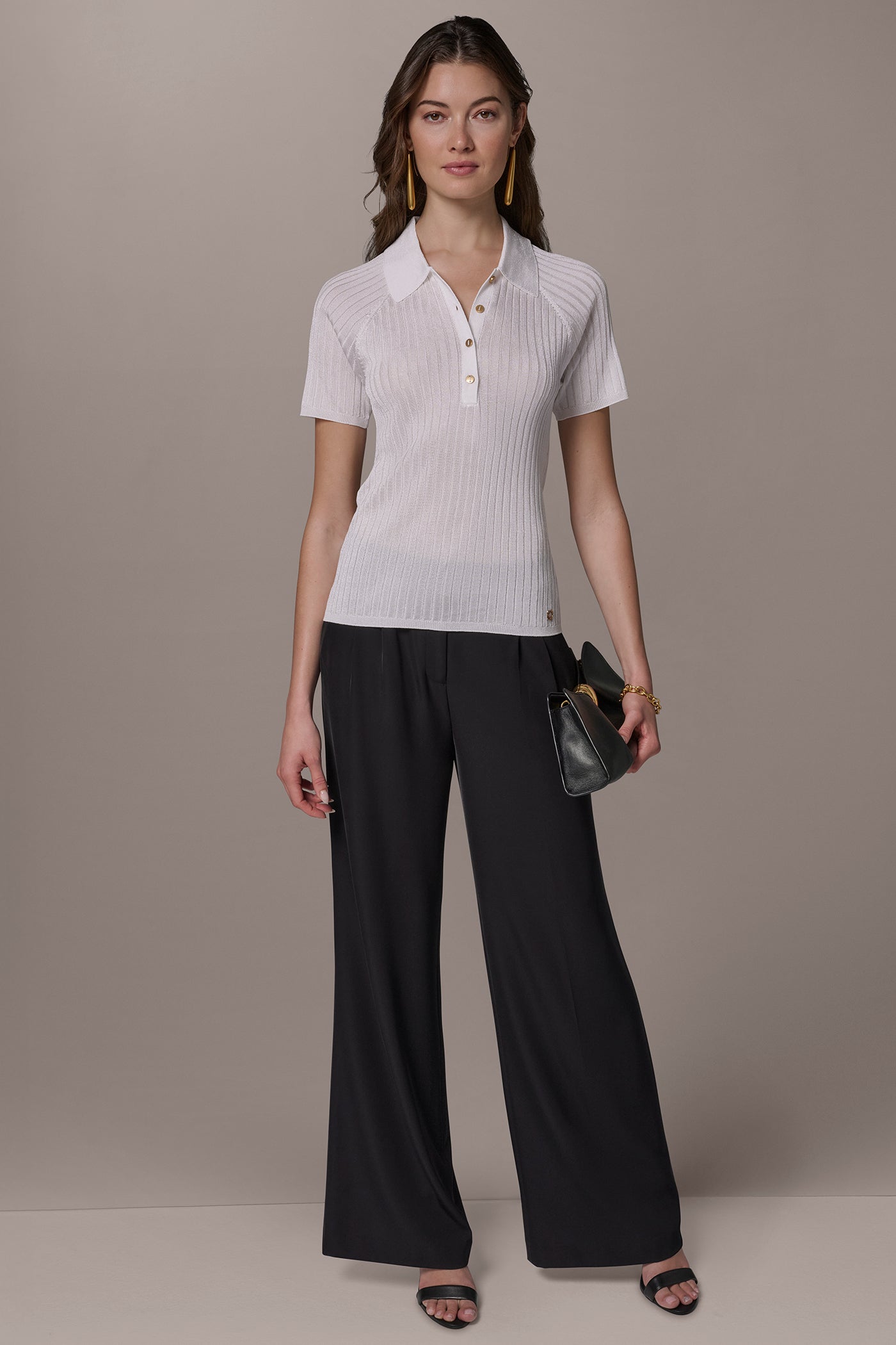 Cream RIB-KNIT POLO SWEATER Donna Karan