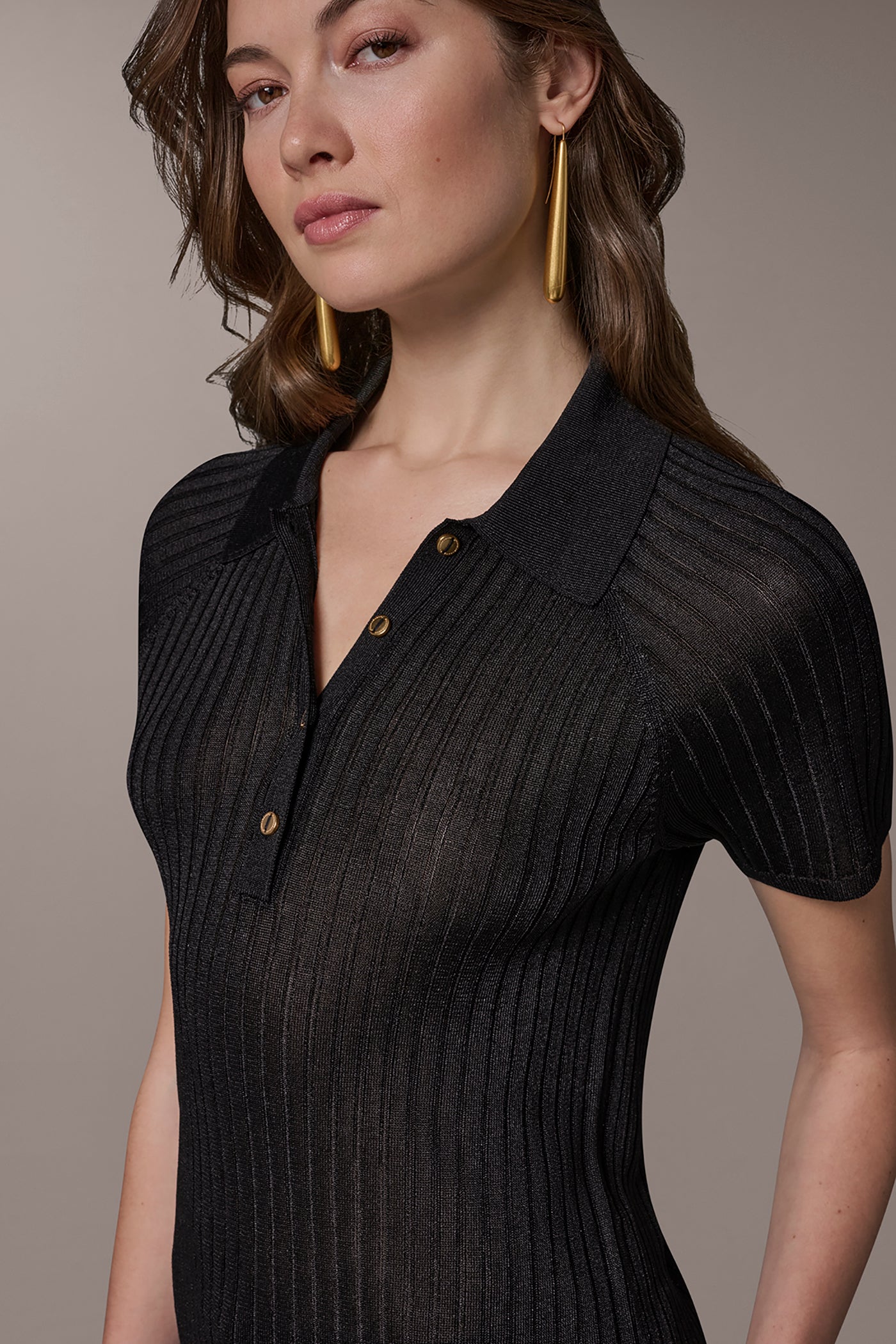 Black RIB-KNIT POLO SWEATER Donna Karan