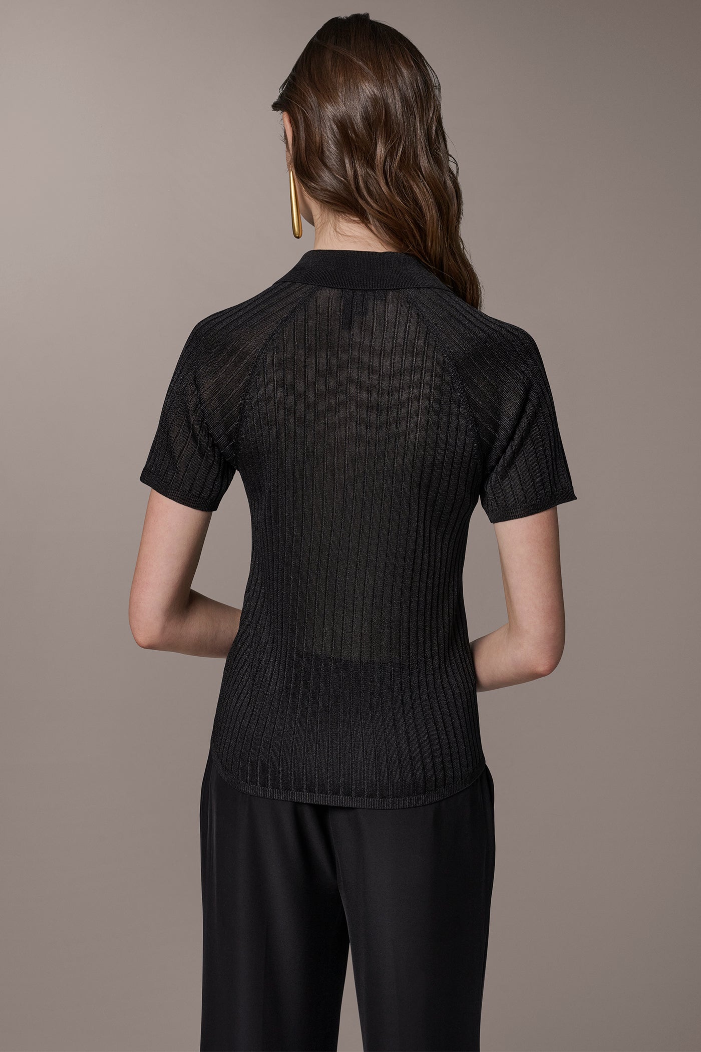 Black RIB-KNIT POLO SWEATER Donna Karan