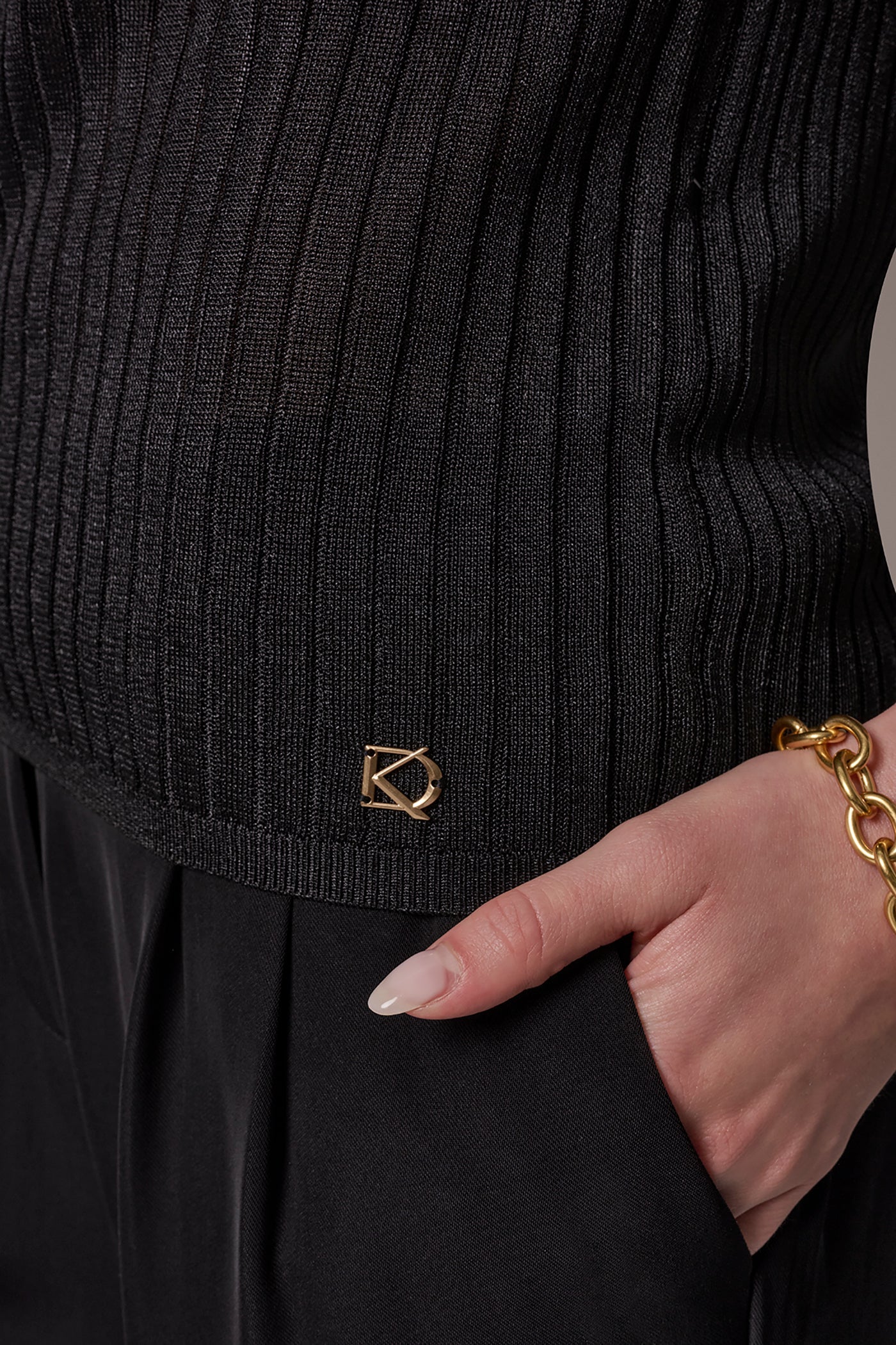 Black RIB-KNIT POLO SWEATER Donna Karan