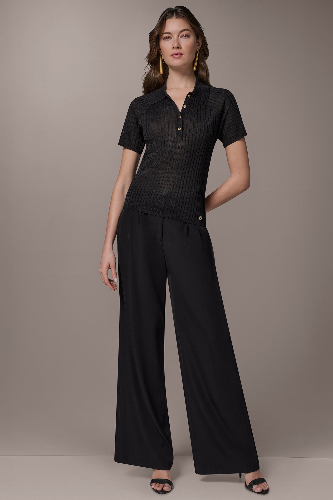 Black RIB-KNIT POLO SWEATER Donna Karan