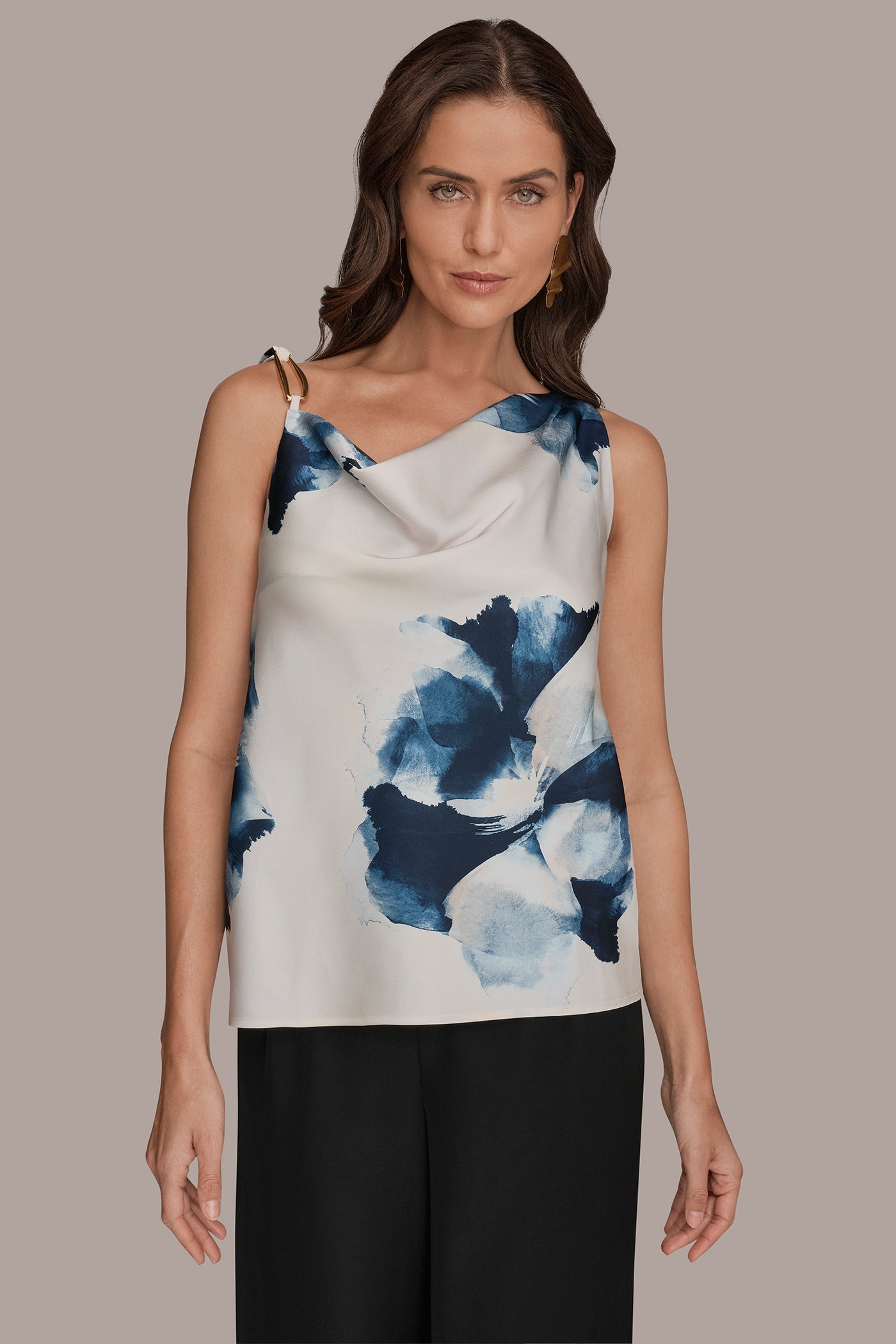 Nightfall/Sea Mist SATIN FLORAL COWL-NECK CUTOUT SHOULDER CAMI Donna Karan