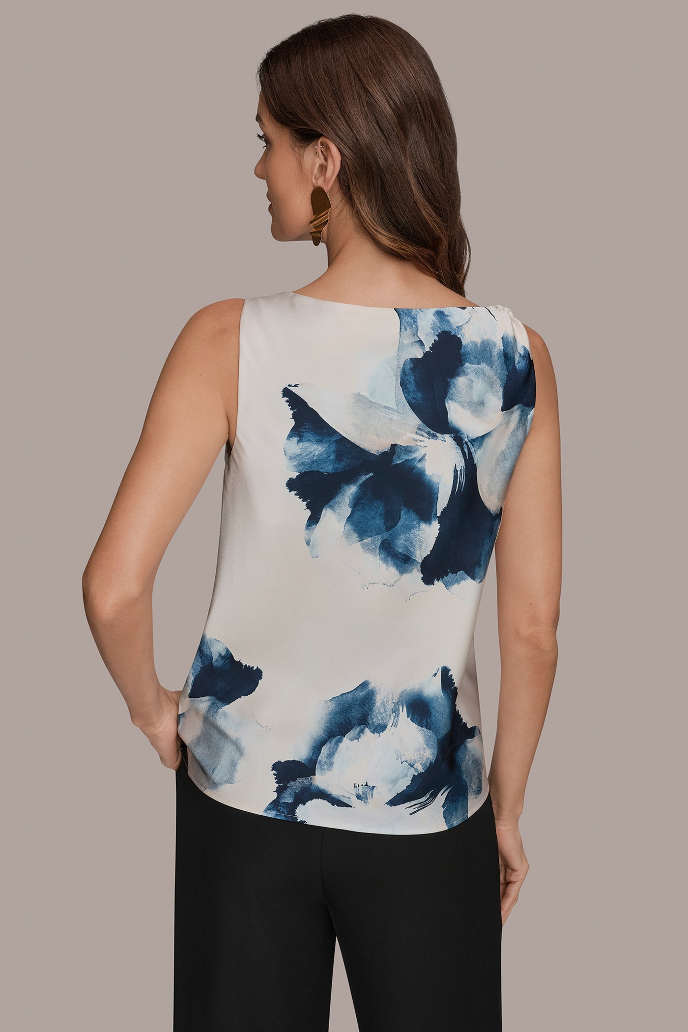 Nightfall/Sea Mist SATIN FLORAL COWL-NECK CUTOUT SHOULDER CAMI Donna Karan