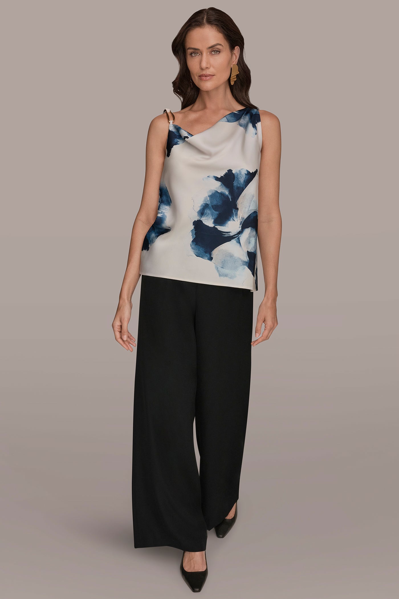 Nightfall/Sea Mist SATIN FLORAL COWL-NECK CUTOUT SHOULDER CAMI Donna Karan