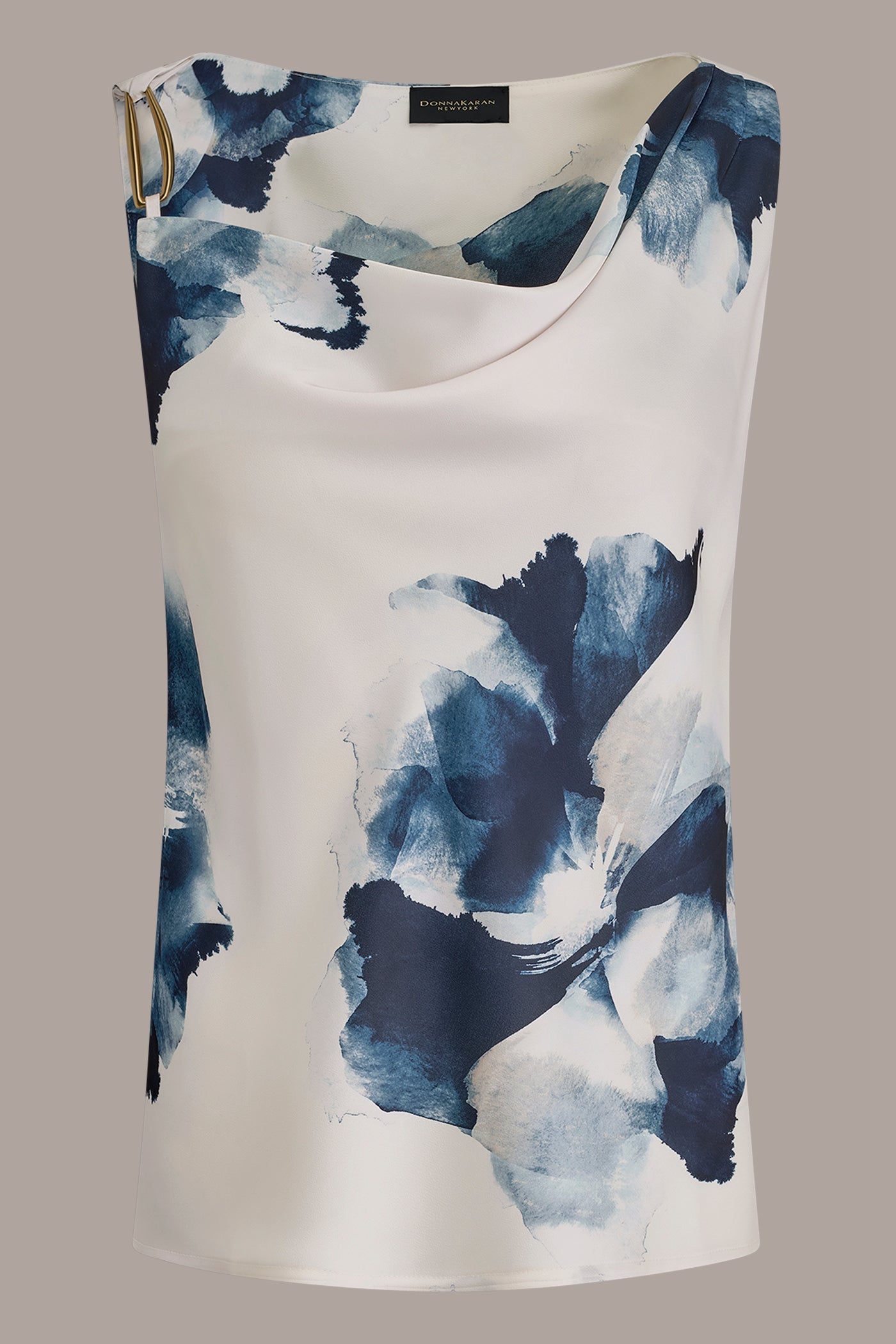 Nightfall/Sea Mist SATIN FLORAL COWL-NECK CUTOUT SHOULDER CAMI Donna Karan
