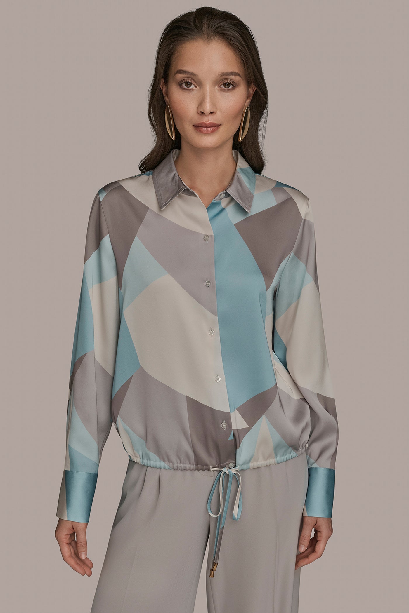 Mist Green Multi LONG-SLEEVE PRINTED DRAWSTRING BLOUSE Donna Karan