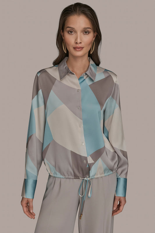 Mist Green Multi LONG-SLEEVE PRINTED DRAWSTRING BLOUSE Donna Karan
