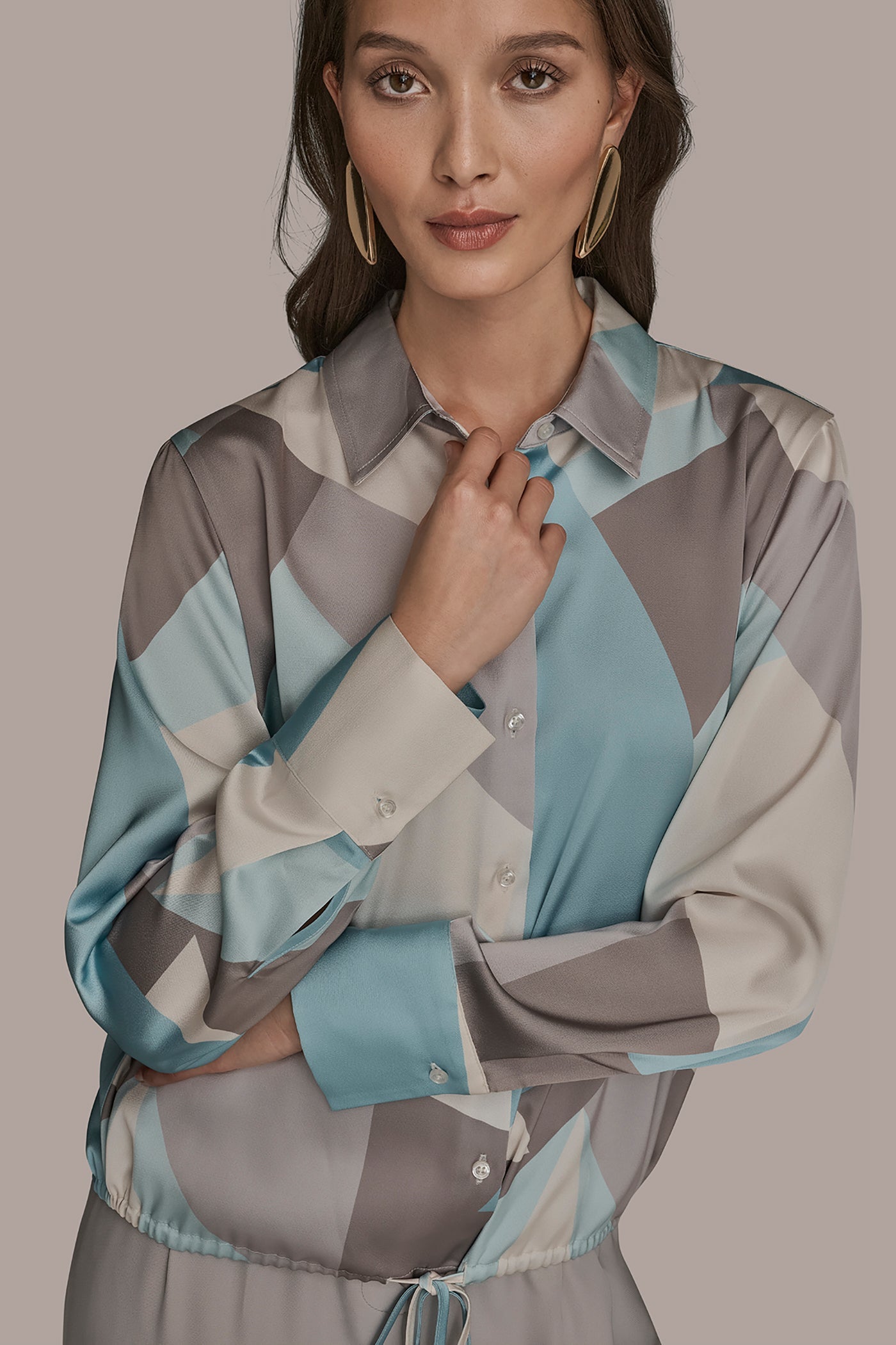 Mist Green Multi LONG-SLEEVE PRINTED DRAWSTRING BLOUSE Donna Karan
