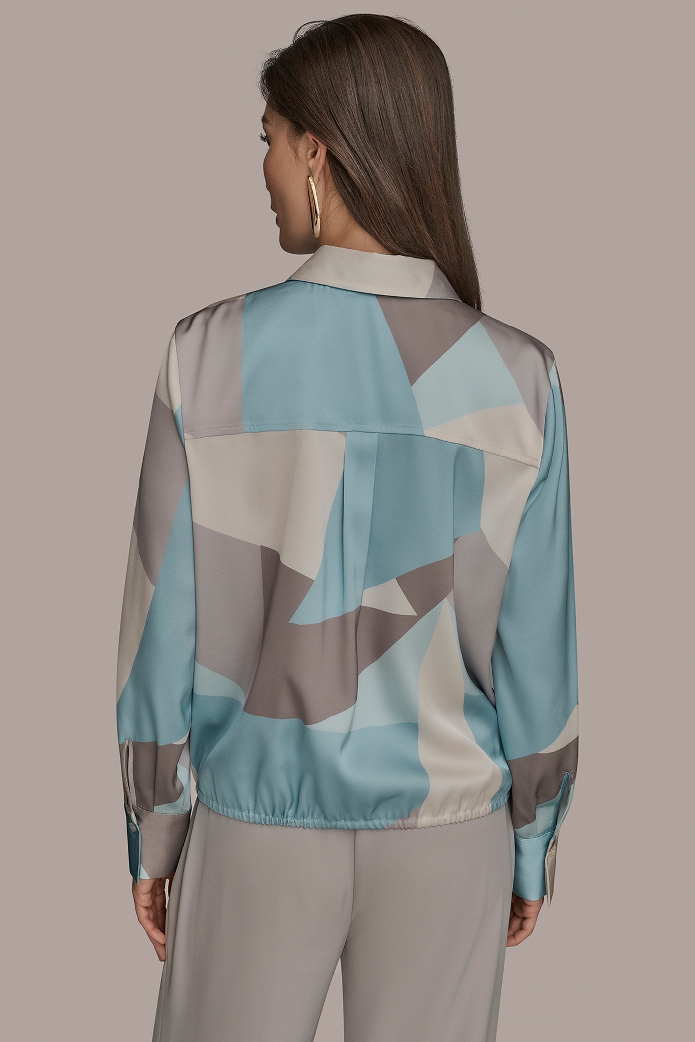 Mist Green Multi LONG-SLEEVE PRINTED DRAWSTRING BLOUSE Donna Karan