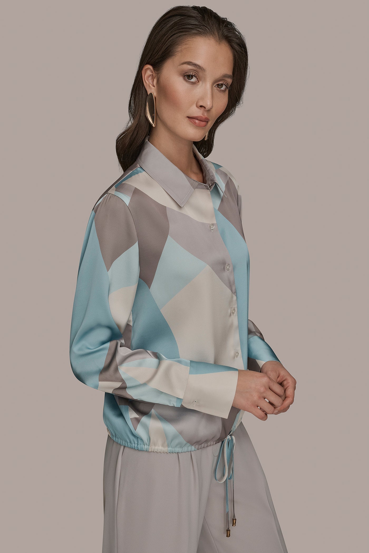 Mist Green Multi LONG-SLEEVE PRINTED DRAWSTRING BLOUSE Donna Karan