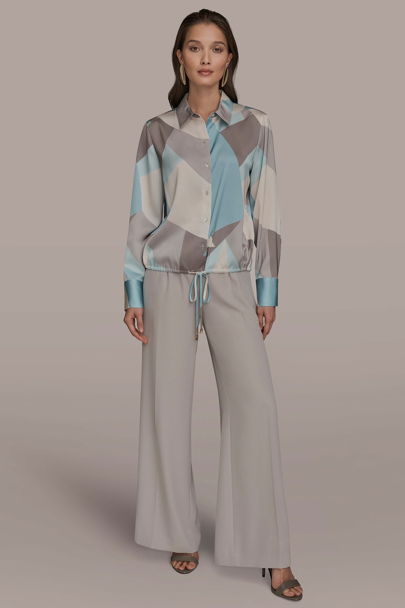 Mist Green Multi LONG-SLEEVE PRINTED DRAWSTRING BLOUSE Donna Karan