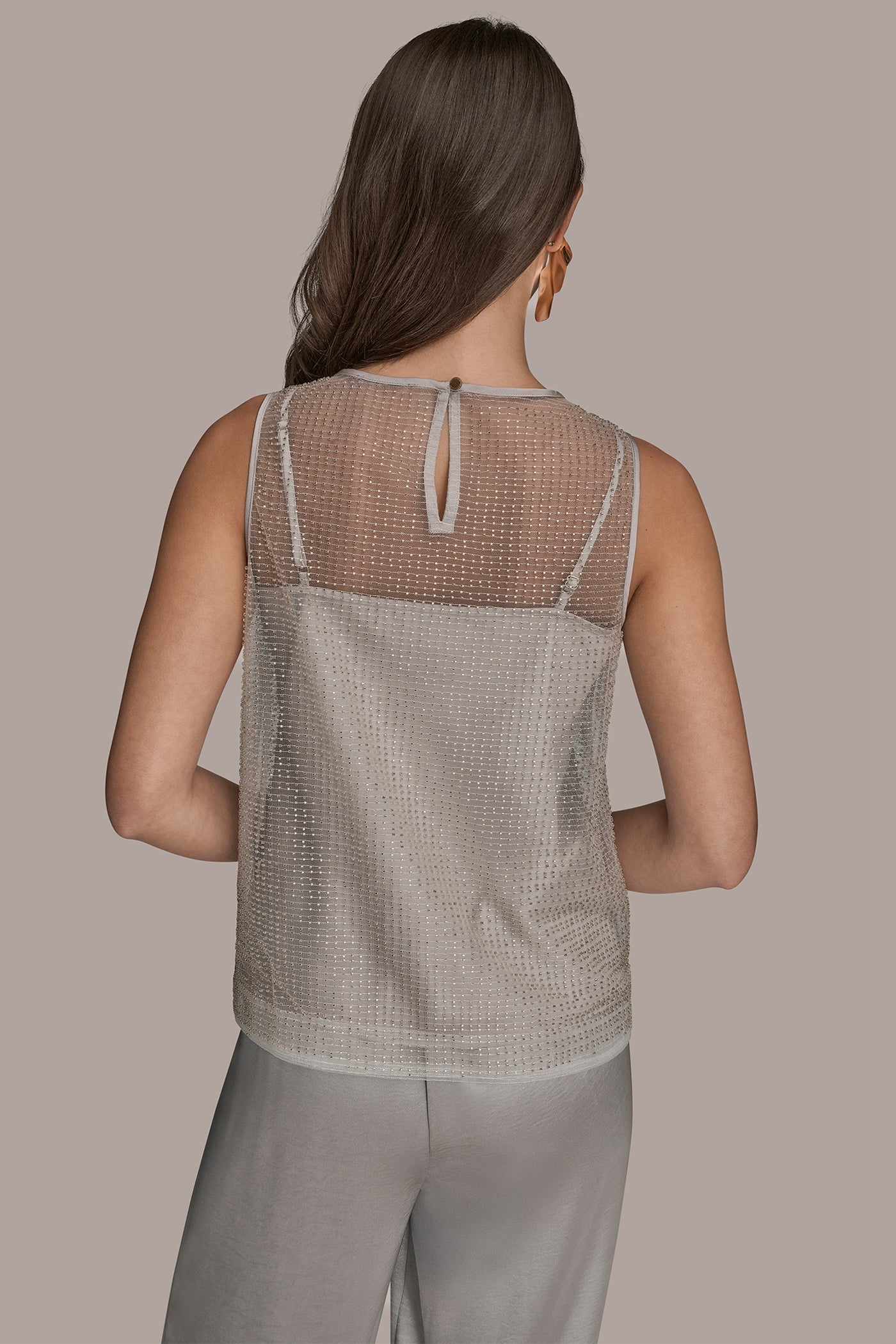 WHITE/SILVER LAYERED BEADED SLEEVELESS BLOUSE Donna Karan