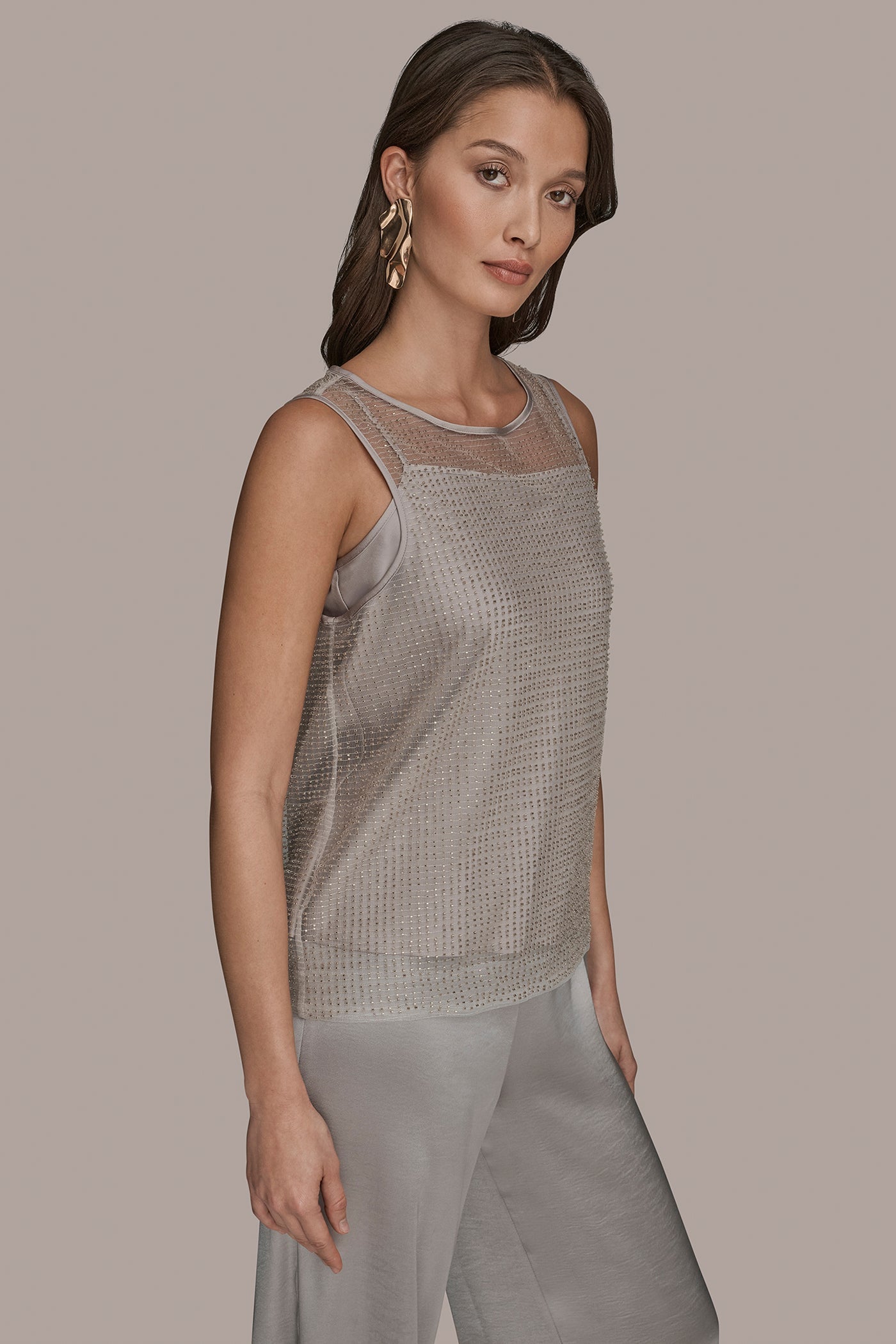 WHITE/SILVER LAYERED BEADED SLEEVELESS BLOUSE Donna Karan