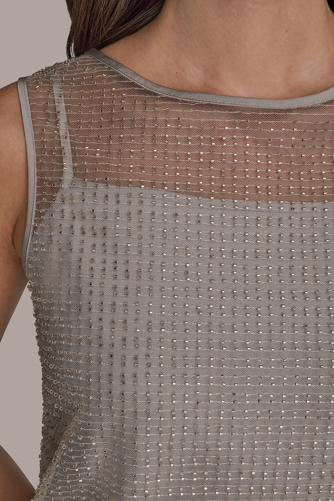 WHITE/SILVER LAYERED BEADED SLEEVELESS BLOUSE Donna Karan