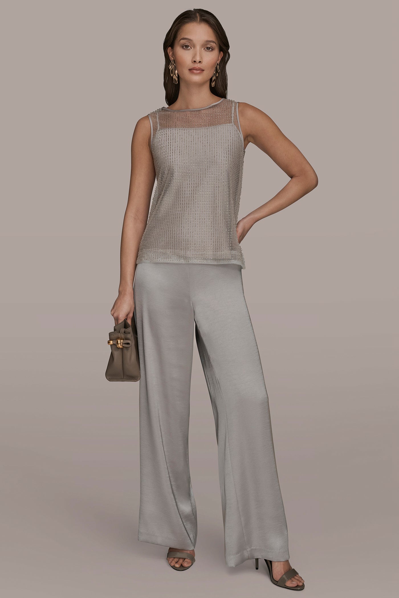 WHITE/SILVER LAYERED BEADED SLEEVELESS BLOUSE Donna Karan