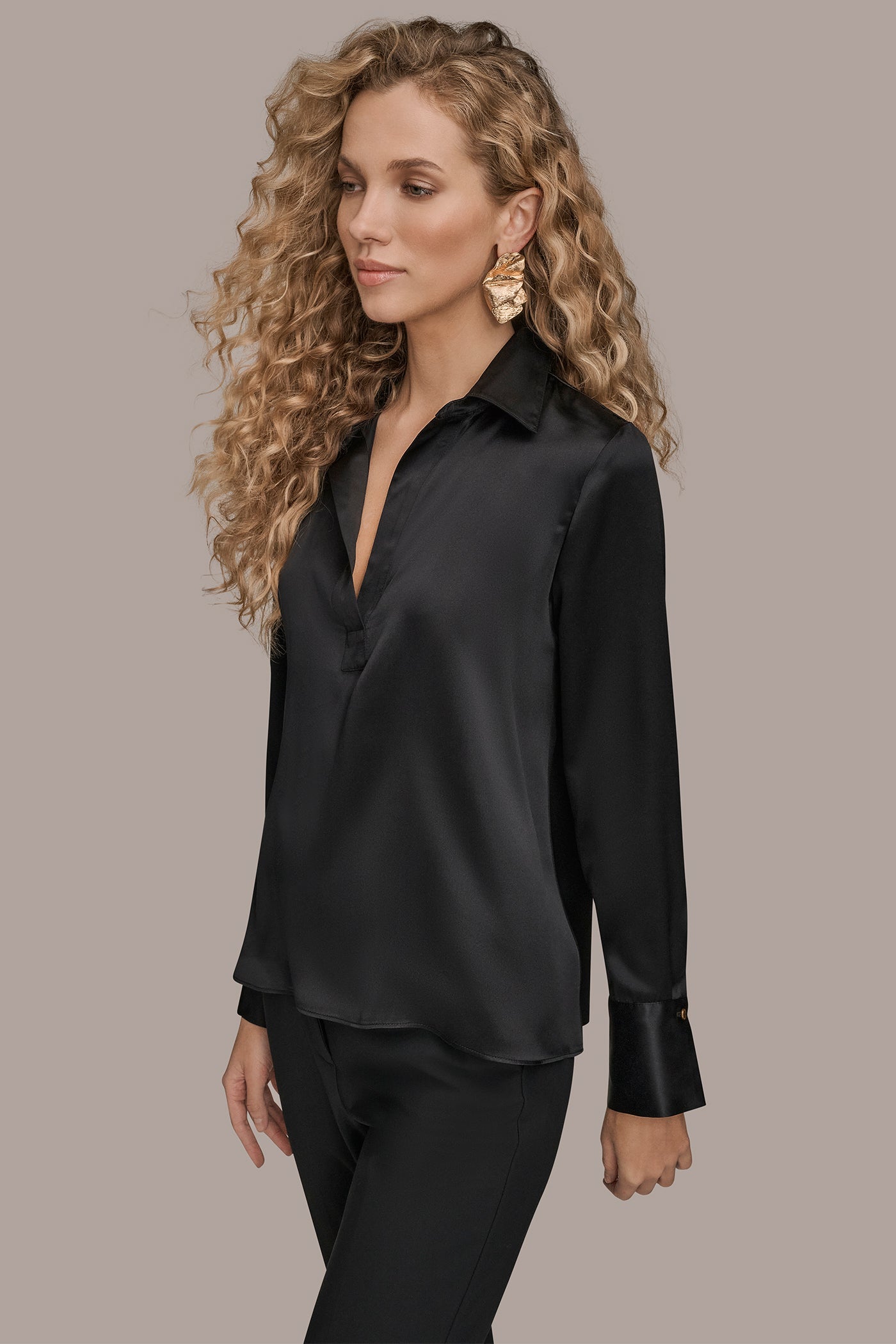 Black STRETCH SILK-SATIN SHIRT Donna Karan