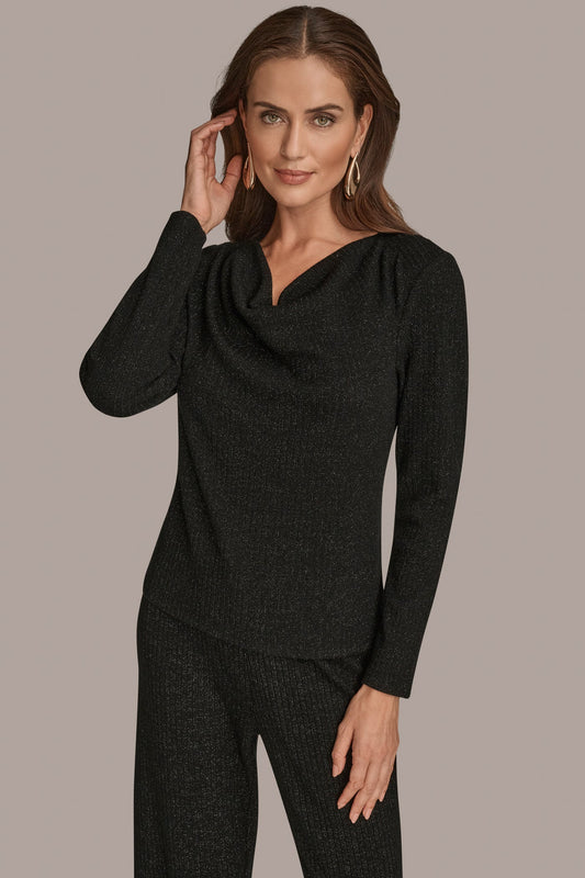 BLACK METALLIC COWL-NECK RIB-KNIT BLOUSE Donna Karan
